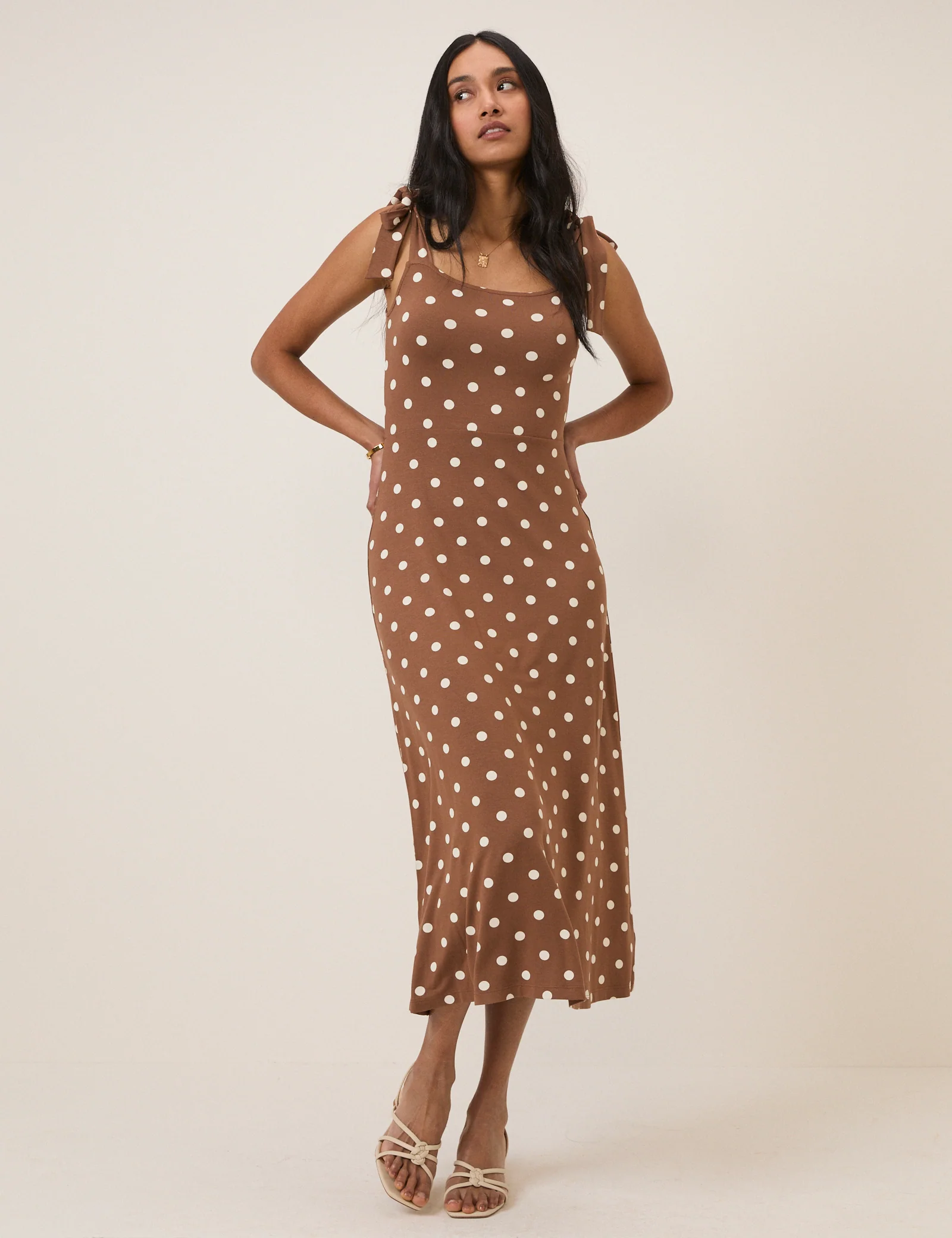 Brown Polka Dot Adrian Jersey Midi Dress - Image 3