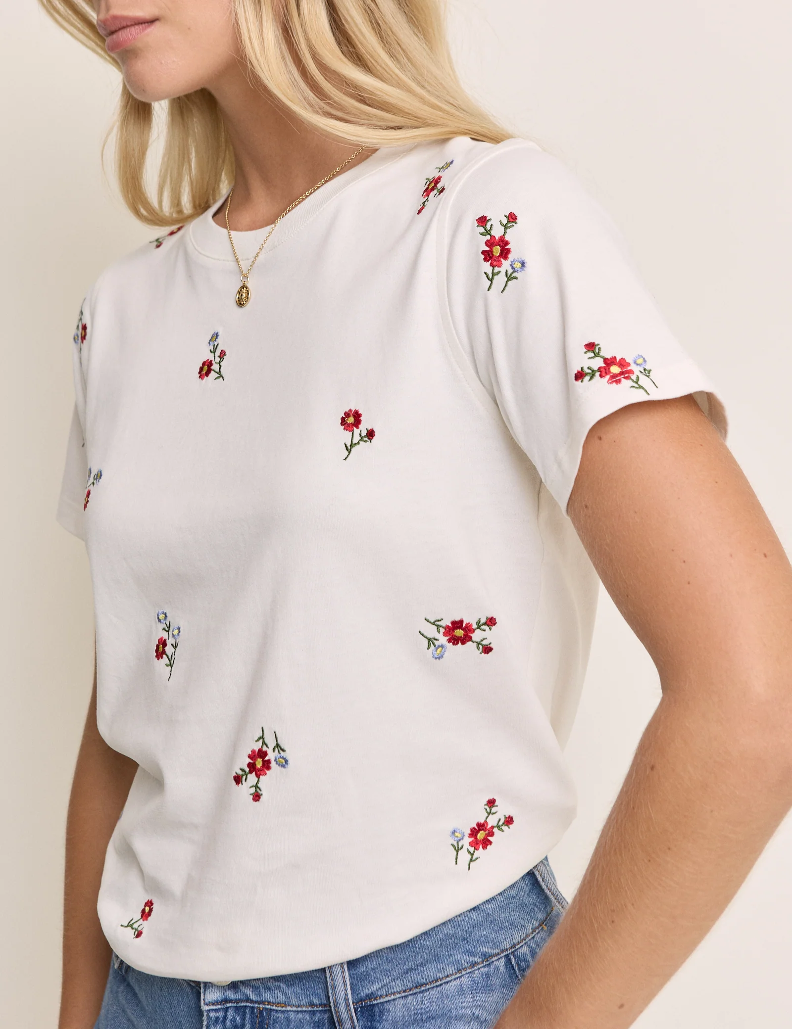 White Floral Embroidered T-Shirt - Image 4