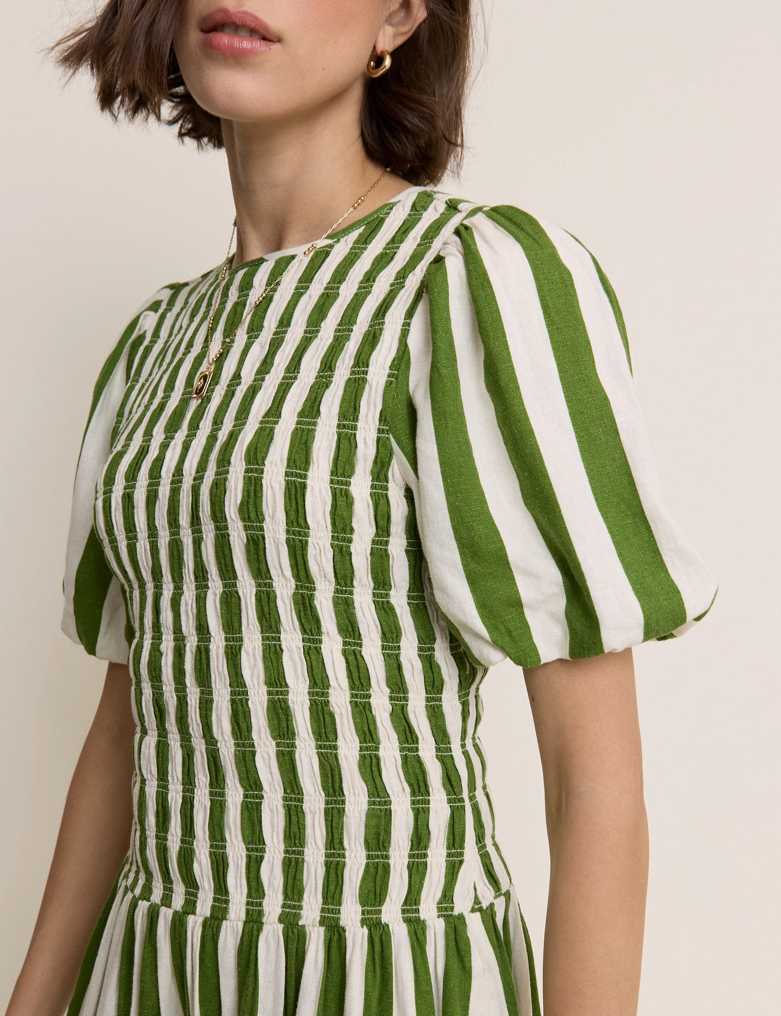 Green Striped Shirred Drop Waist Amanda Midi Dress - Image 3
