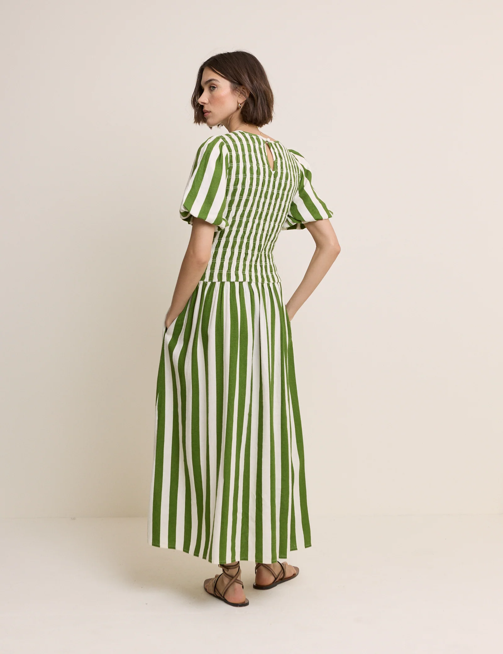 Green Striped Shirred Drop Waist Amanda Midi Dress - Image 4