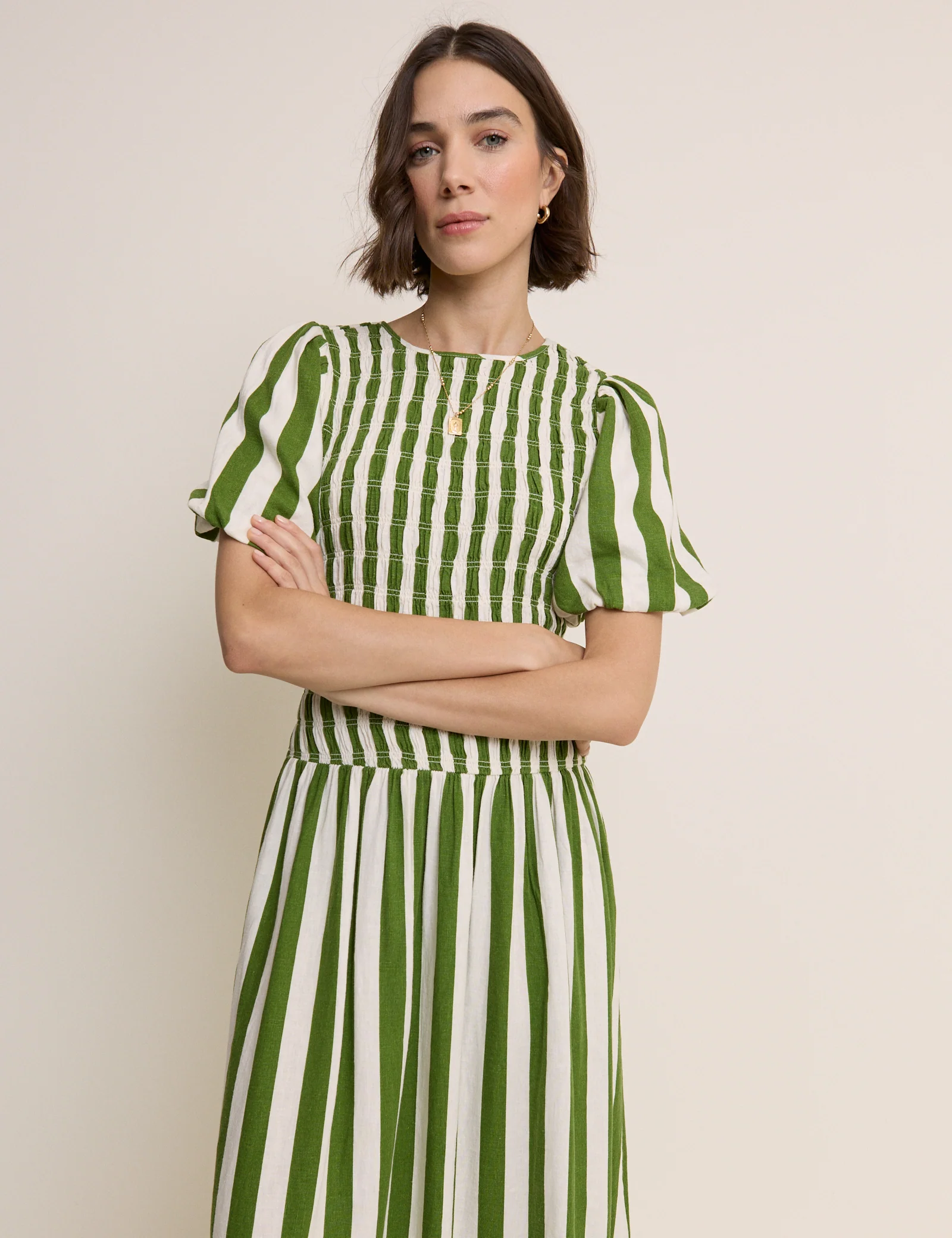 Green Striped Shirred Drop Waist Amanda Midi Dress - Image 5