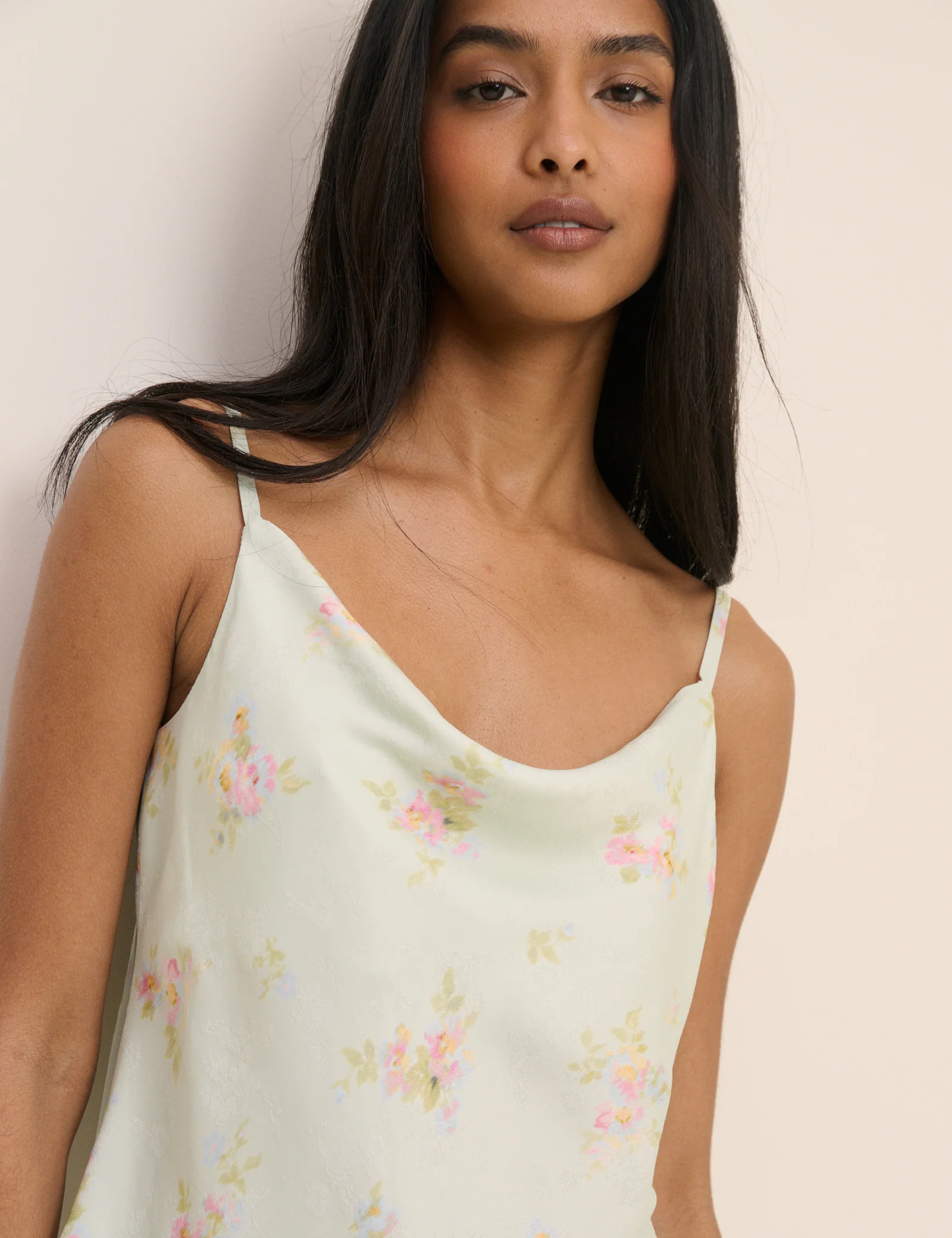 Mint Blue Floral Cowl Neck Satin Top - Image 4