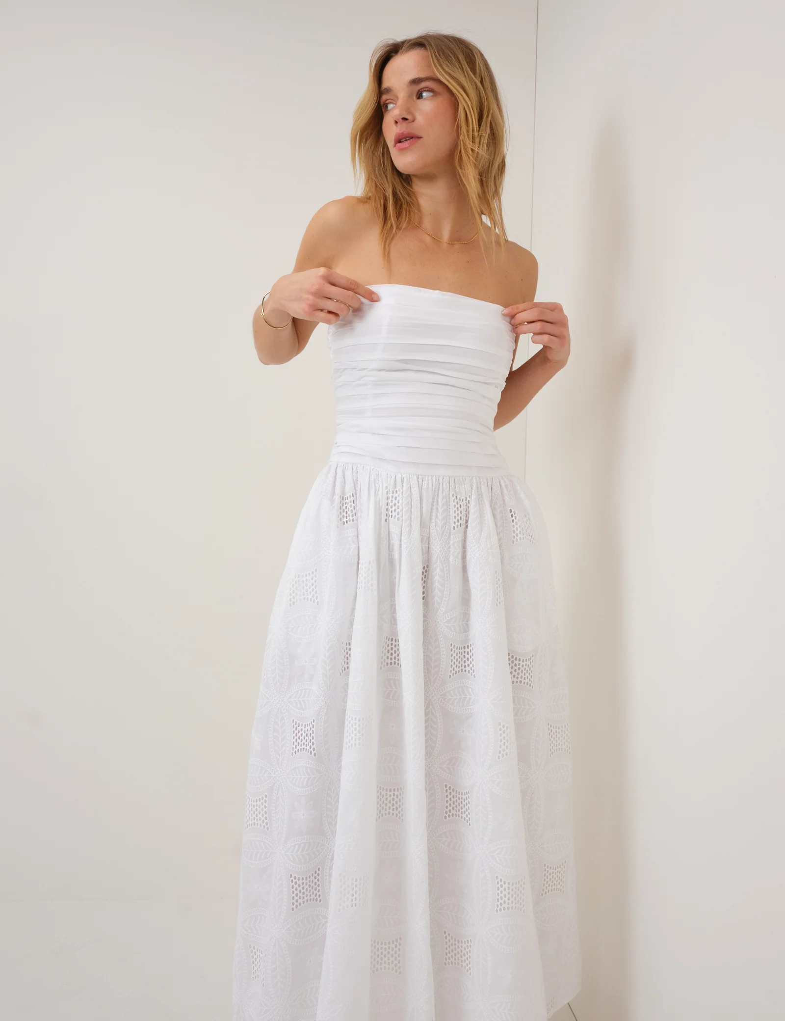 White Embroidered Bandeau Ariella Drop Waist Midi Dress - Image 3