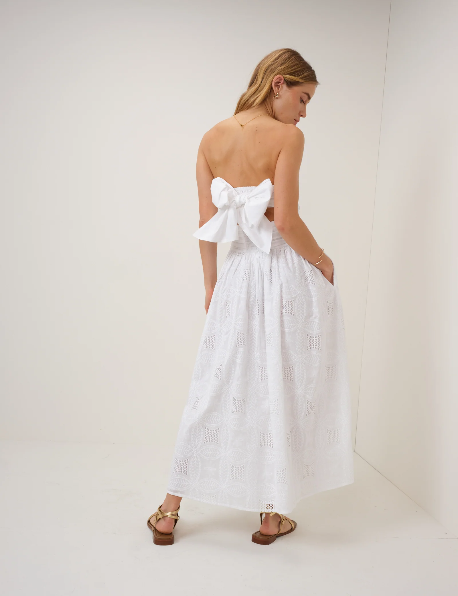 White Embroidered Bandeau Ariella Drop Waist Midi Dress - Image 4