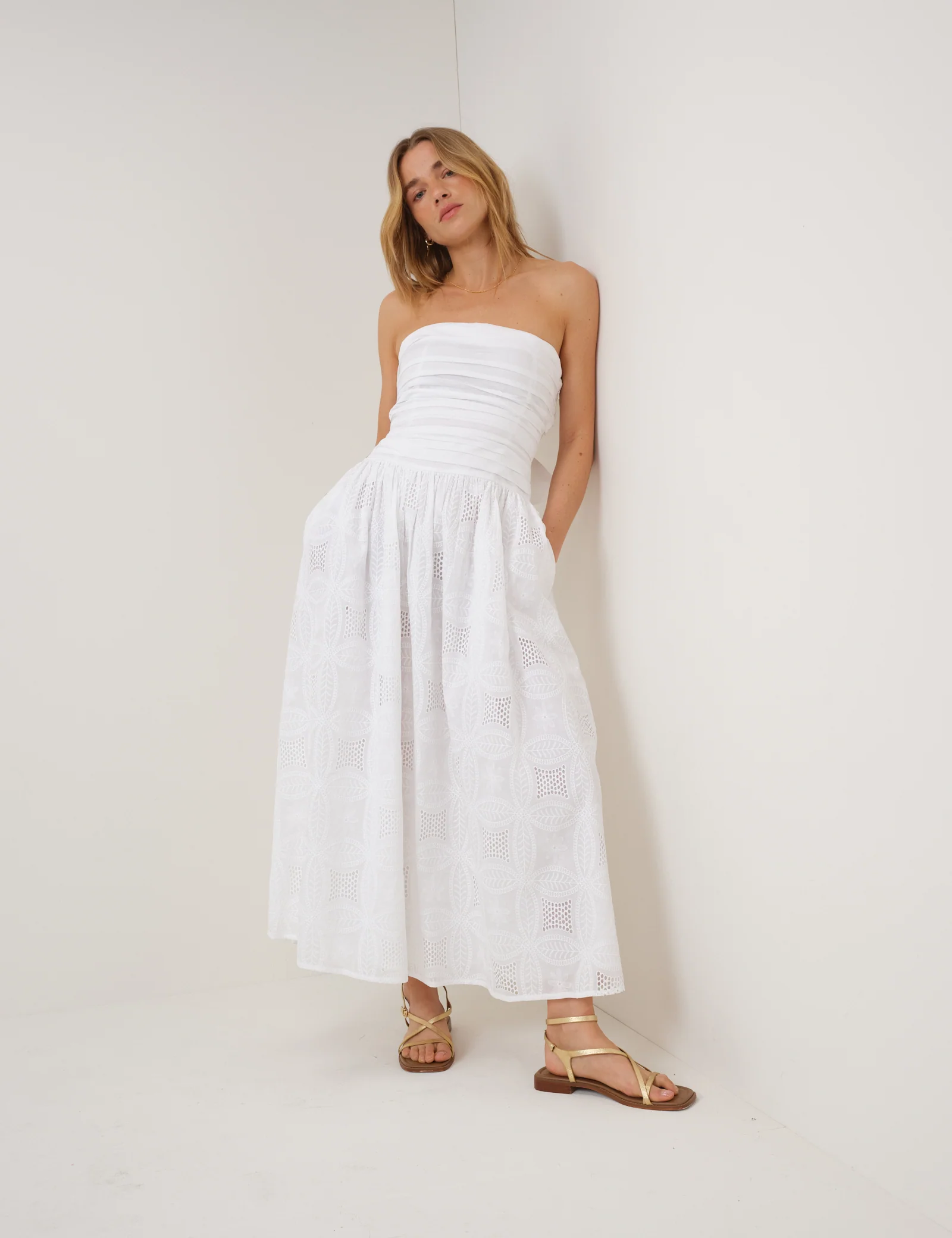 White Embroidered Bandeau Ariella Drop Waist Midi Dress - Image 5