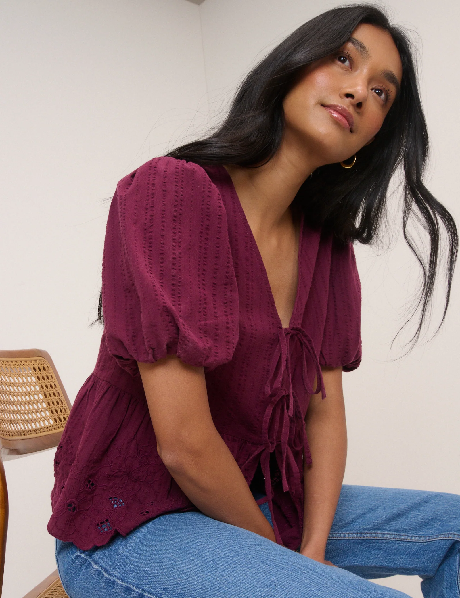 Burgundy Floral Broderie Anglaise Blouse - Image 3