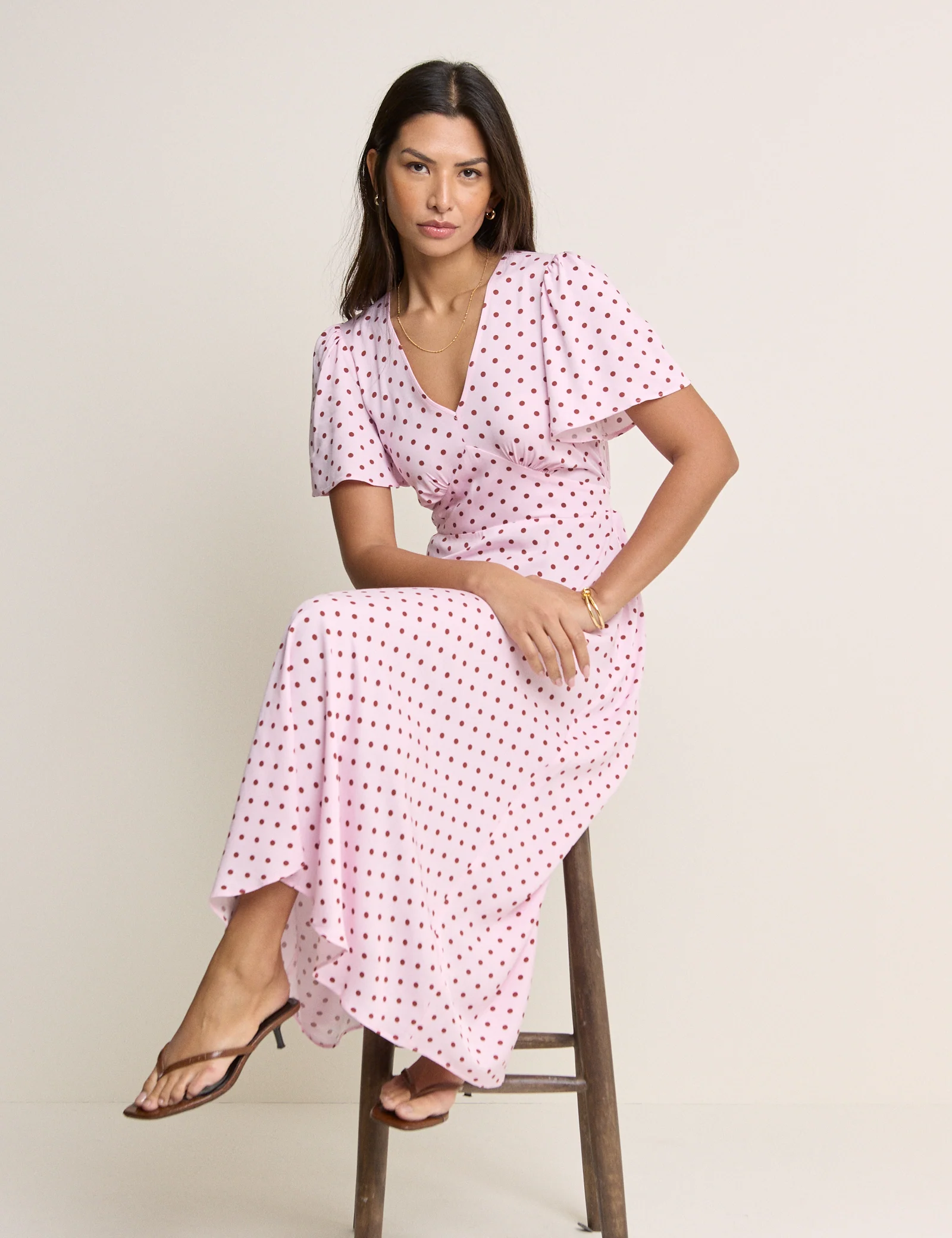 Pink and Brown Polka Dot Atlas Midi Dress - Image 6