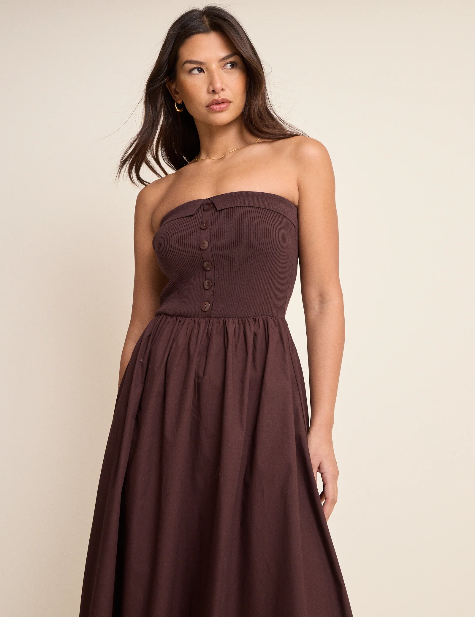 Brown Bandeau Button Front Midi Dress - Image 3