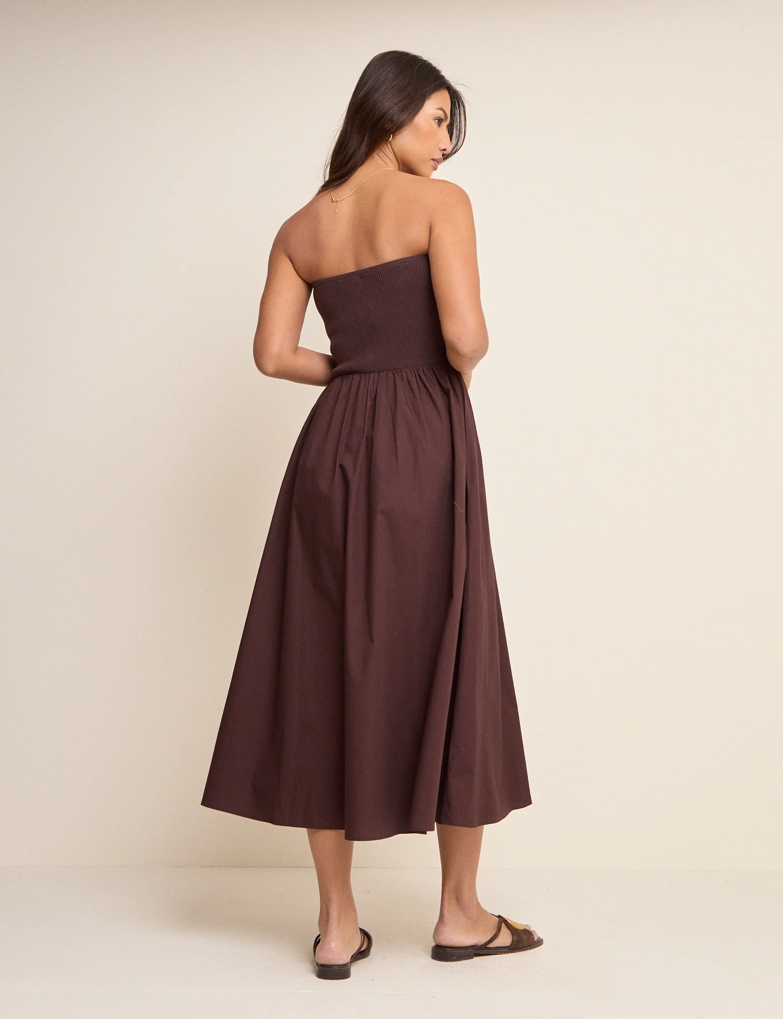 Brown Bandeau Button Front Midi Dress - Image 4