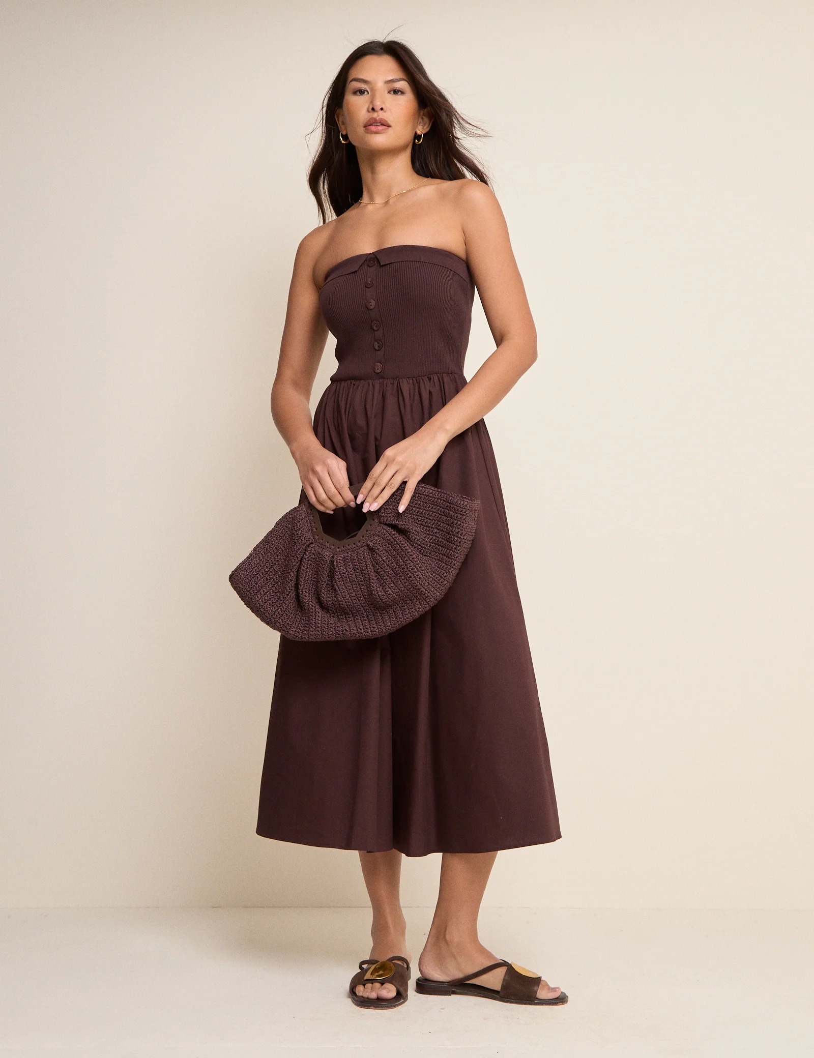 Brown Bandeau Button Front Midi Dress - Image 5