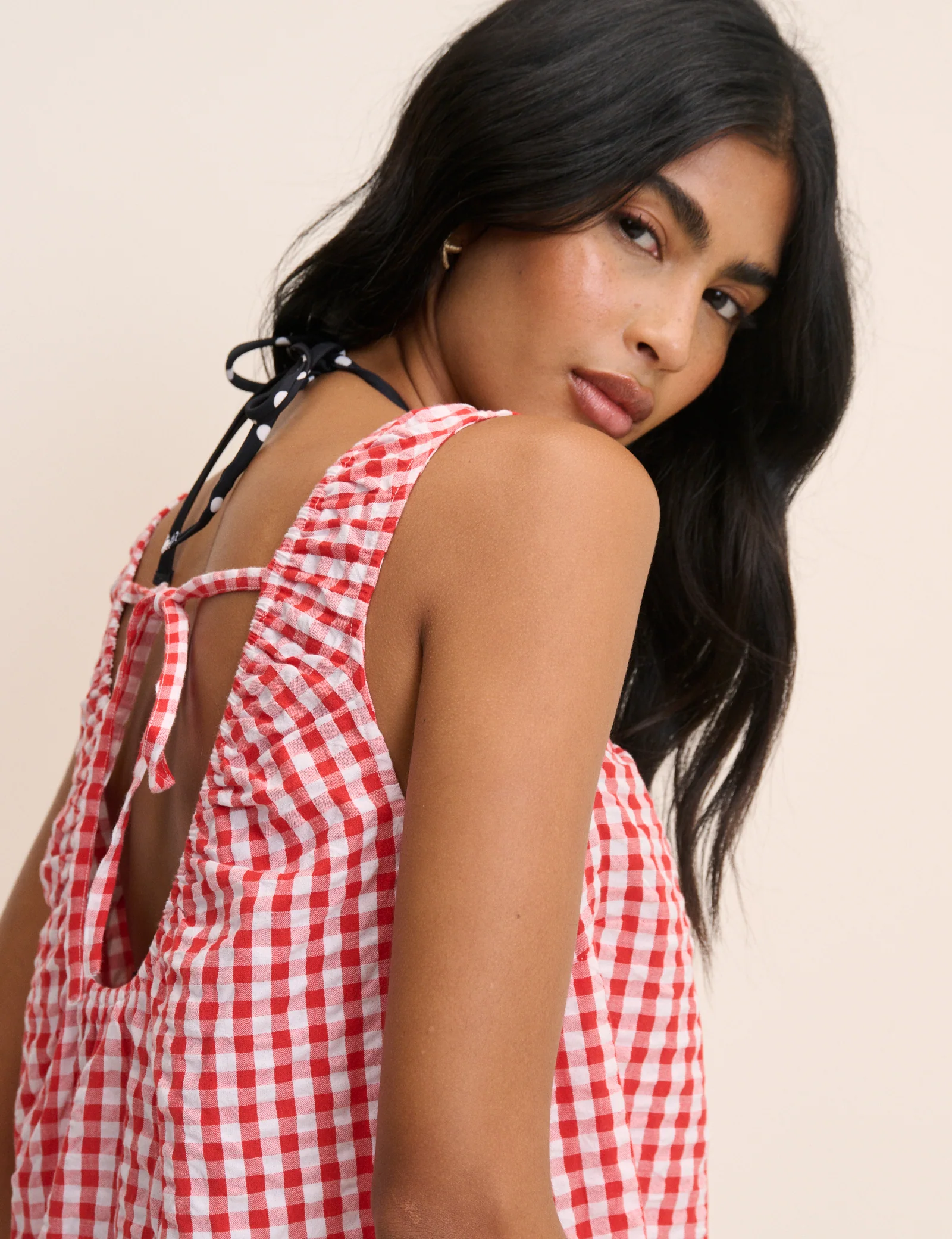 Red Gingham Scoop Neck Mini Beach Dress - Image 5