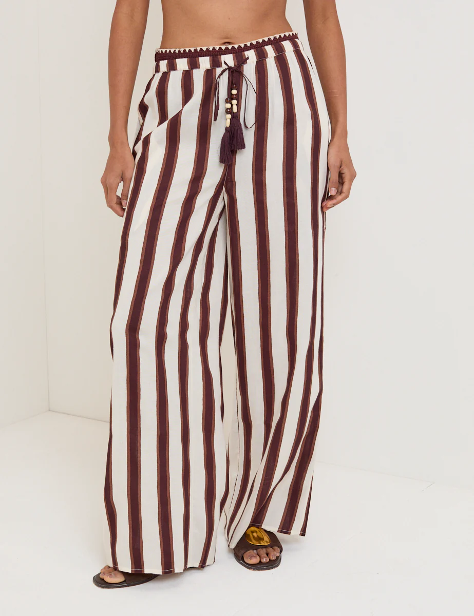 Brown Striped Linen-Blend Wide Leg Trousers - Image 2