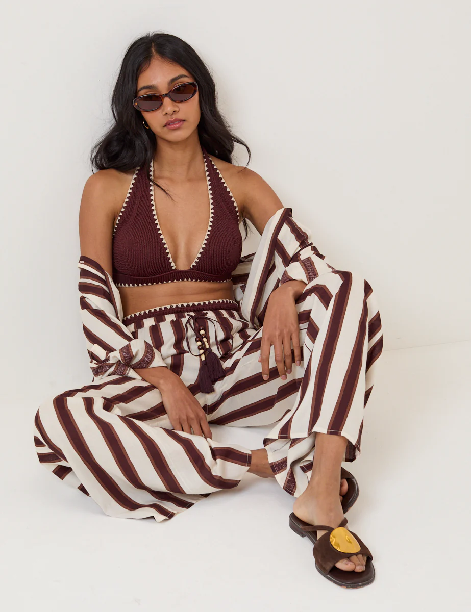 Brown Striped Linen-Blend Wide Leg Trousers - Image 4