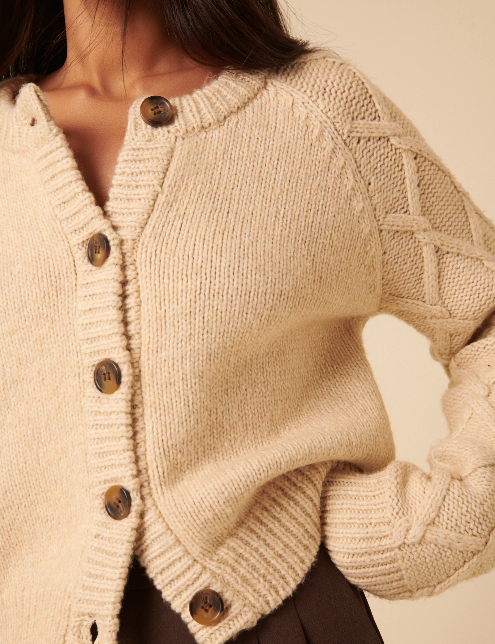 Beige Crew Neck Cable Detail Cardigan - Image 2