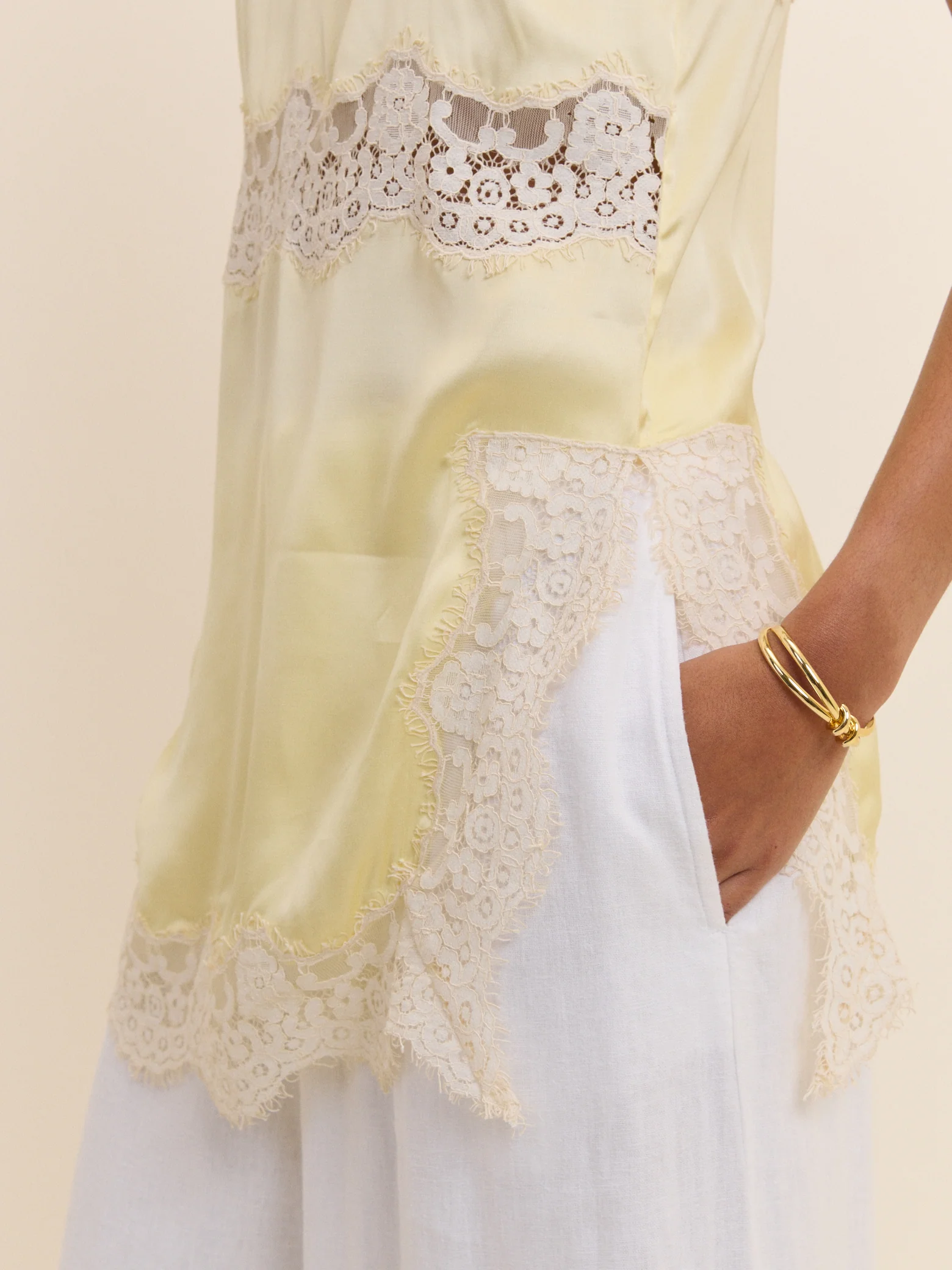 Butter Yellow Lace Trim Satin Cami Top - Image 3