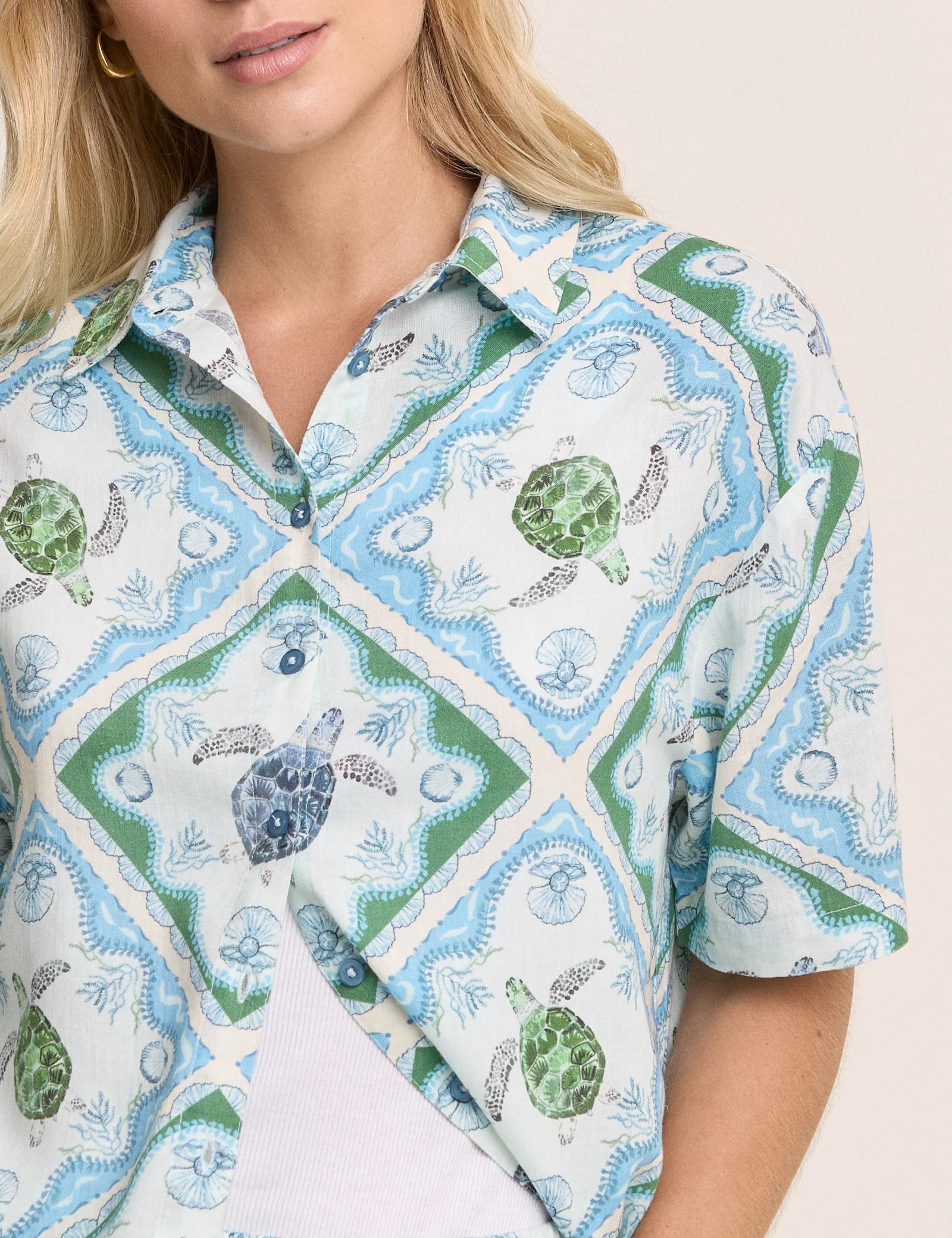 Blue Ocean Print Linen-Blend Shirt - Image 3
