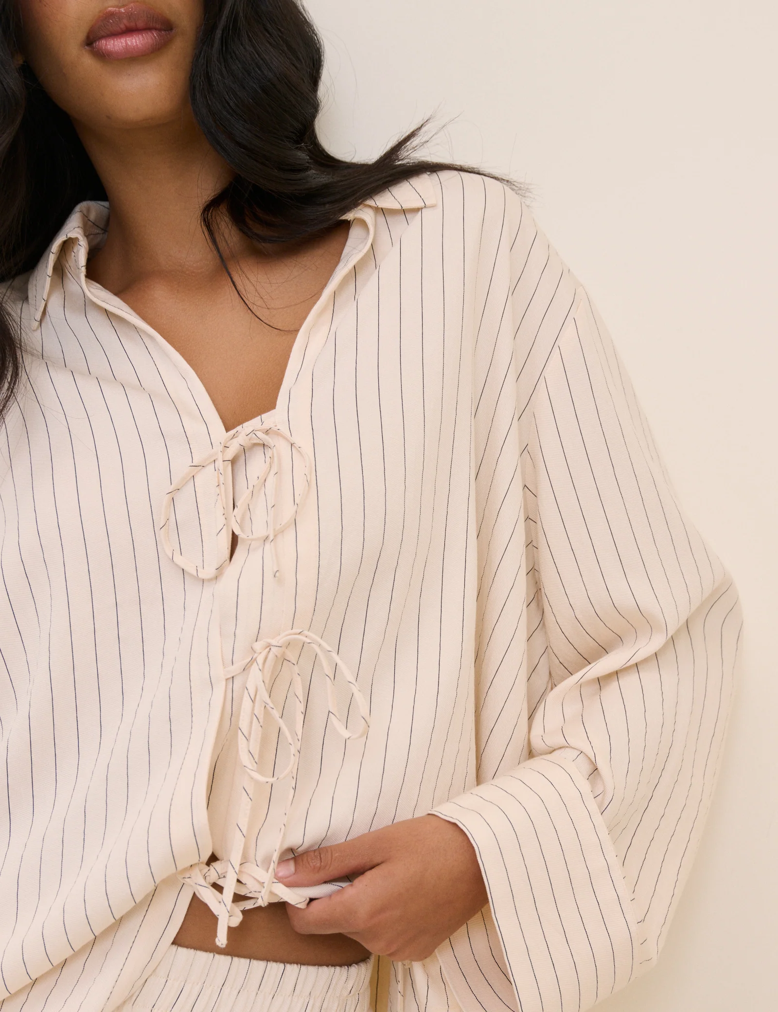 Cream Pinstripe Tie Front Shirt - Image 3