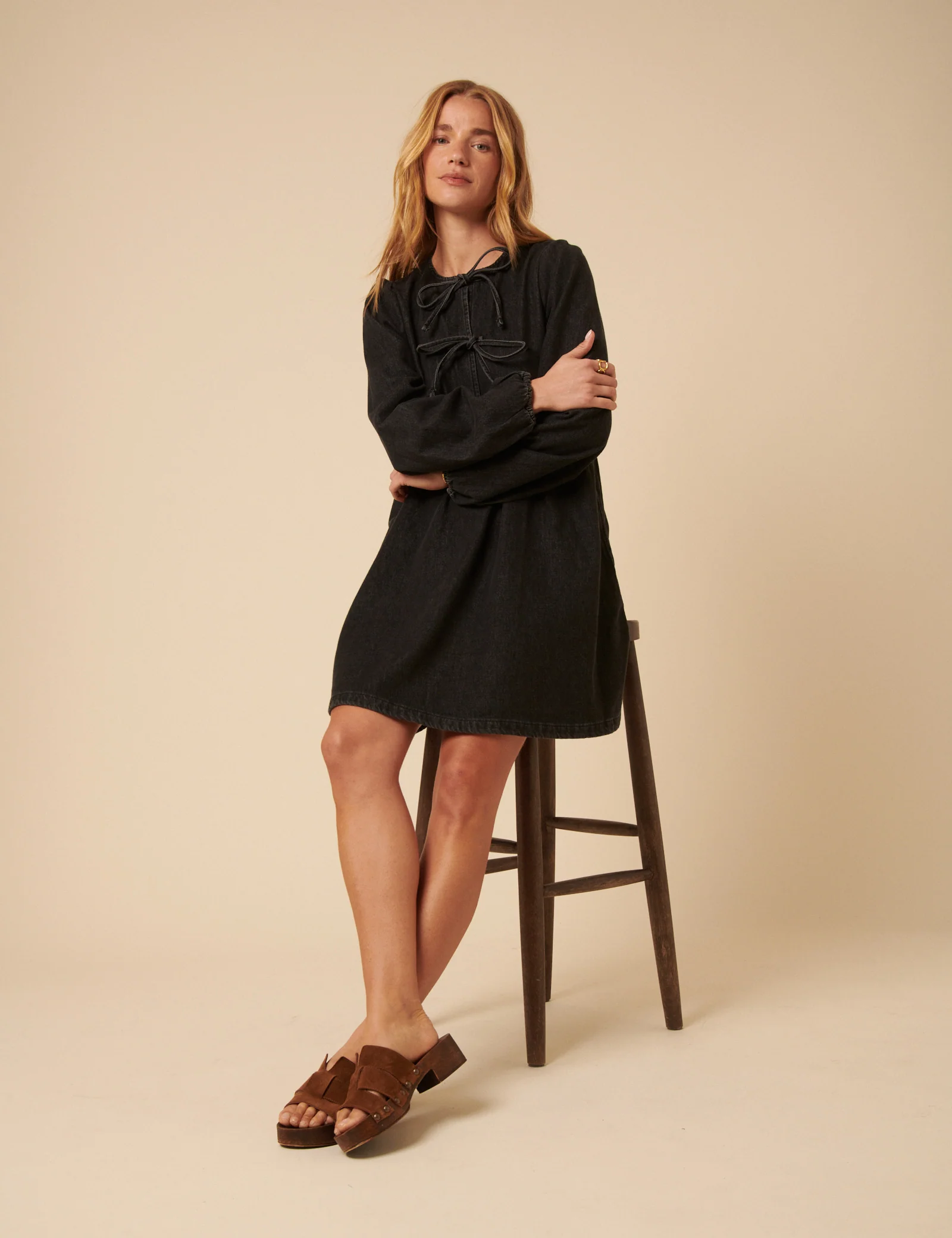 Black Denim Tie Front Eden Mini Dress - Image 3