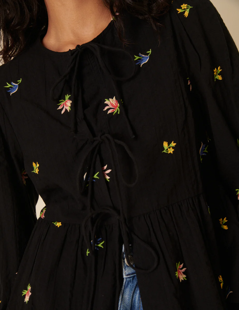 Black Floral Embroidered Tie Front Blouse - Image 2