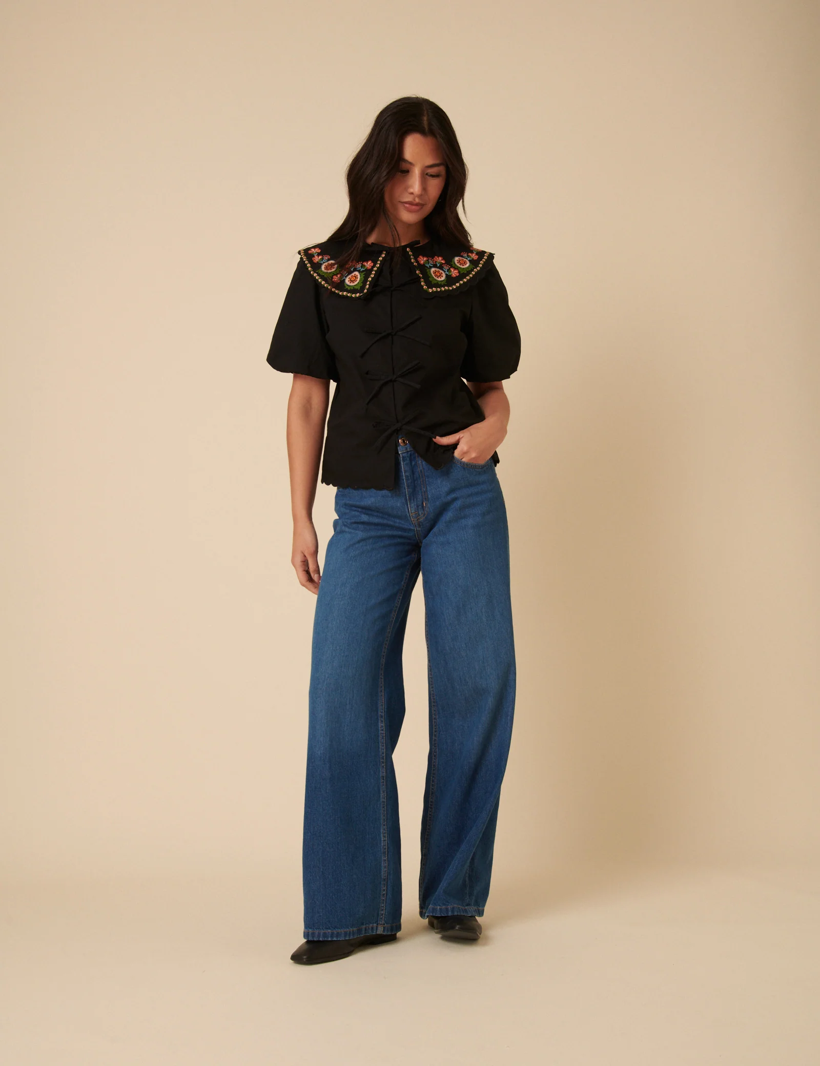 Black Floral Embroidered Tie Front Blouse - Image 3