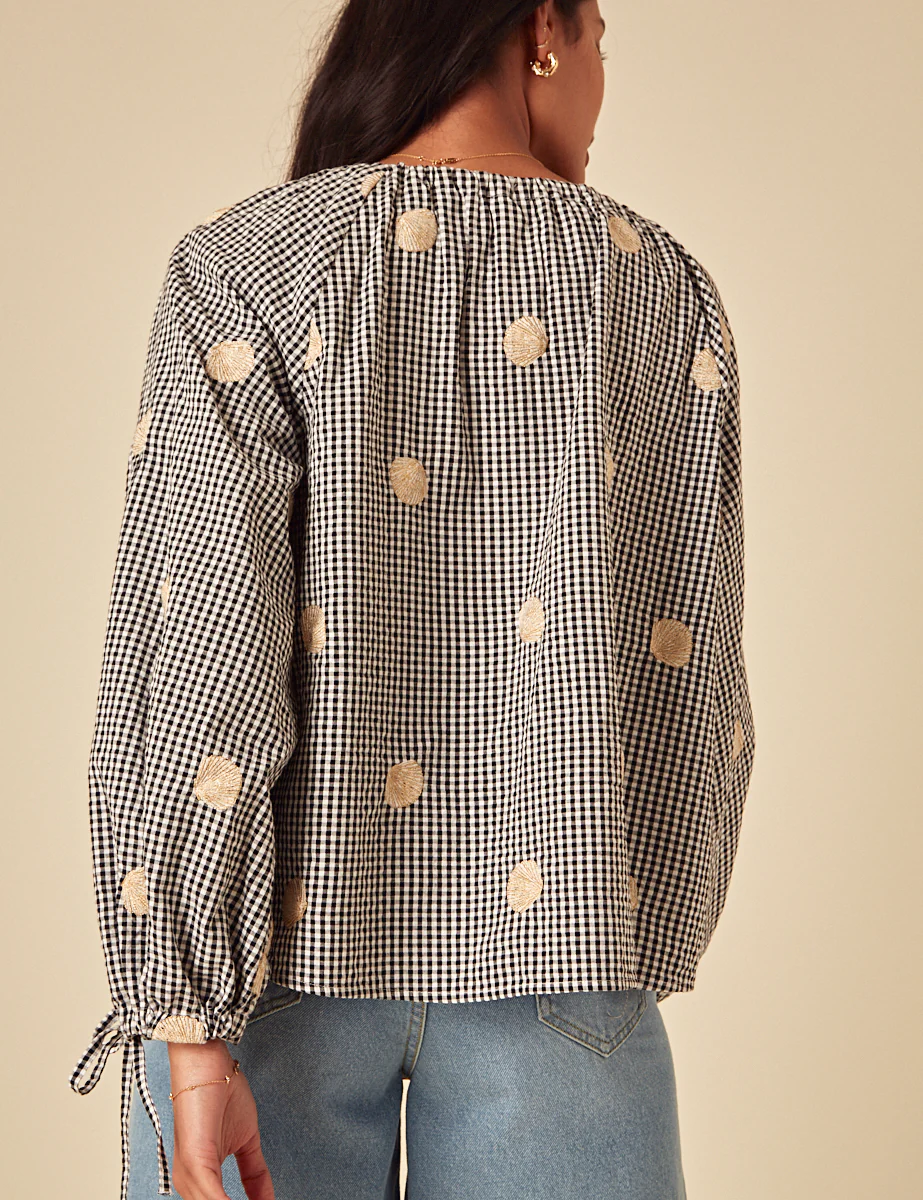 Elizabeth Scarlett Black Gingham Shell Embroidered Poet Blouse - Image 4