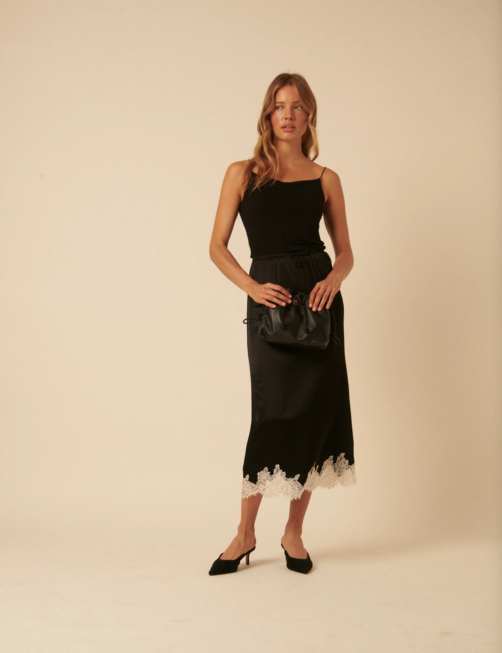 Black Lace Trim Satin Midi Skirt - Image 3