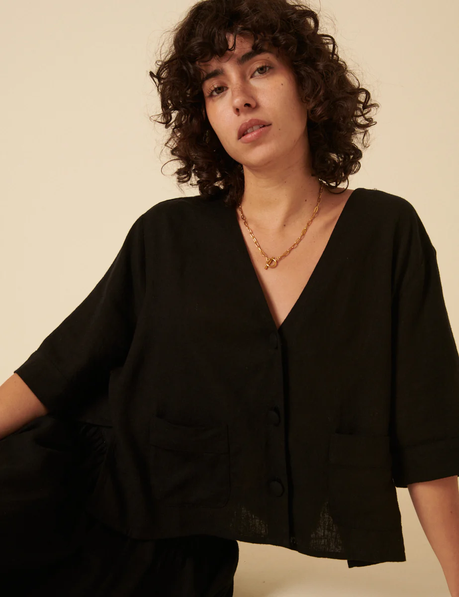 Black Linen-blend V-Neck Shirt - Image 2