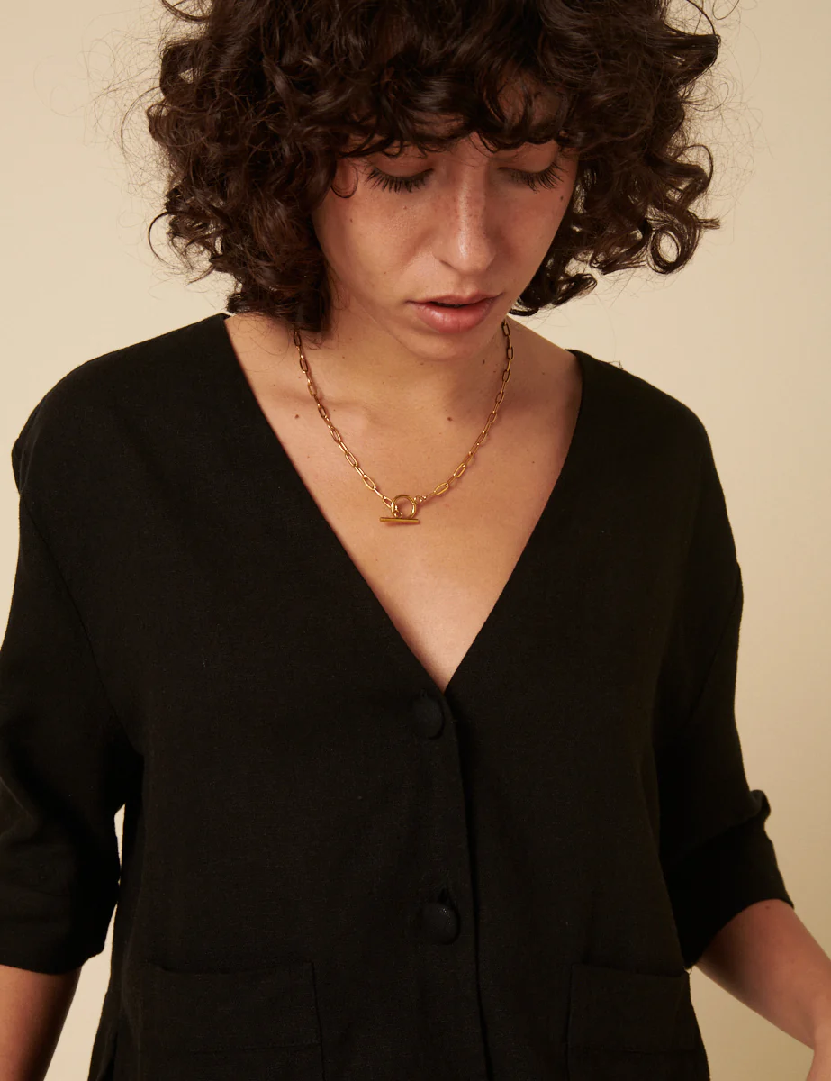 Black Linen-blend V-Neck Shirt - Image 3