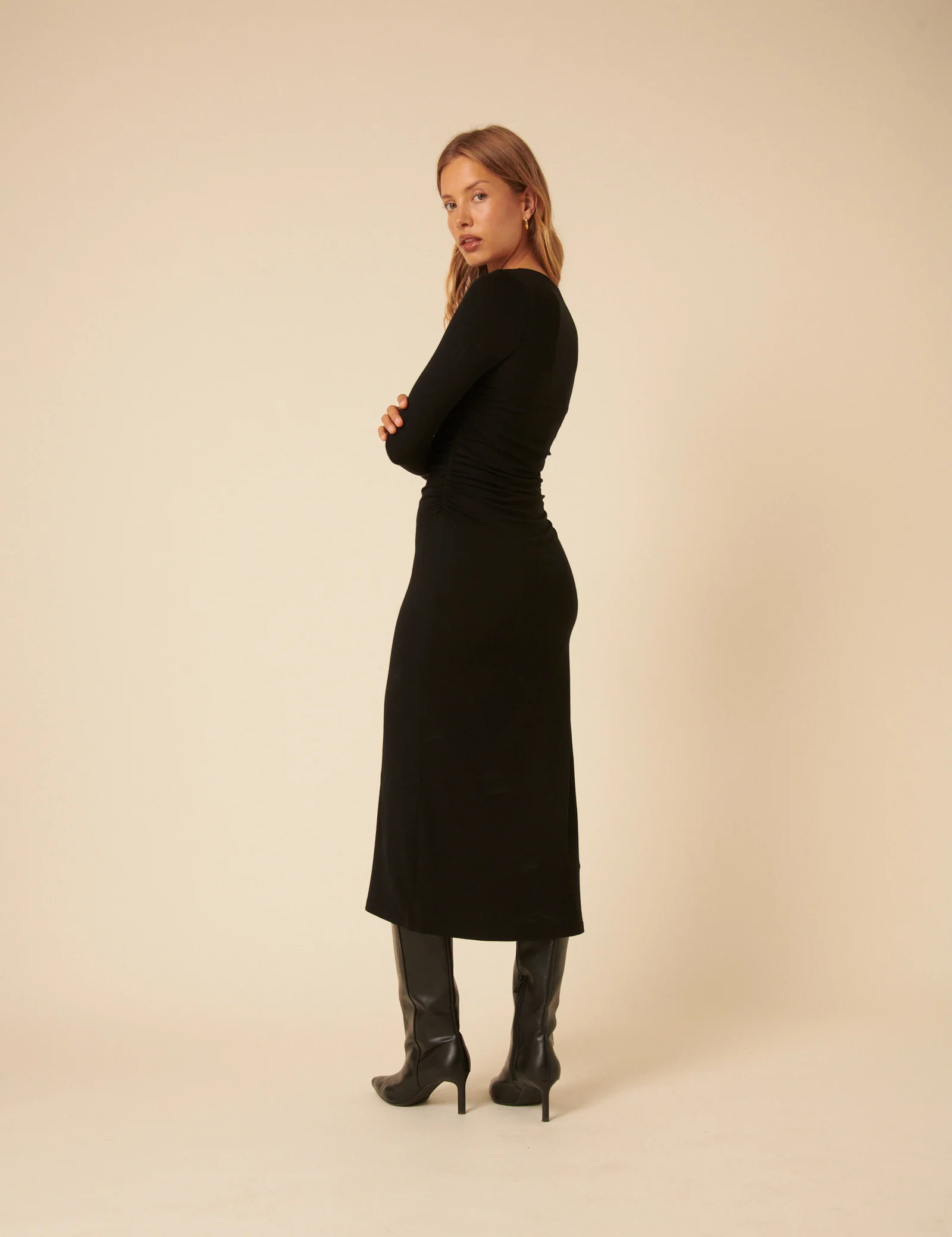 Black Jersey Draped Laurella Midi Dress - Image 5