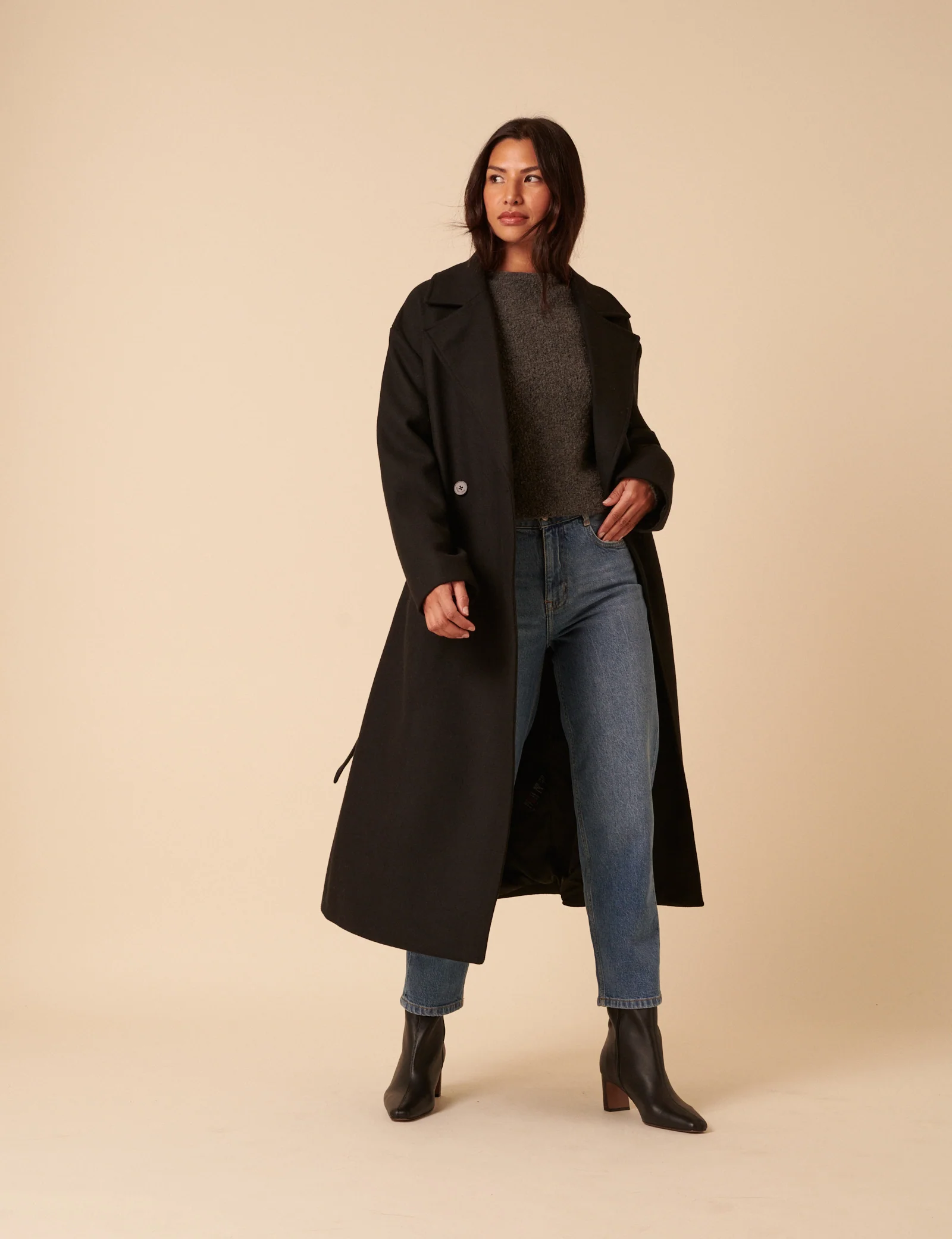 Black Tie Belt Wrap Coat - Image 3