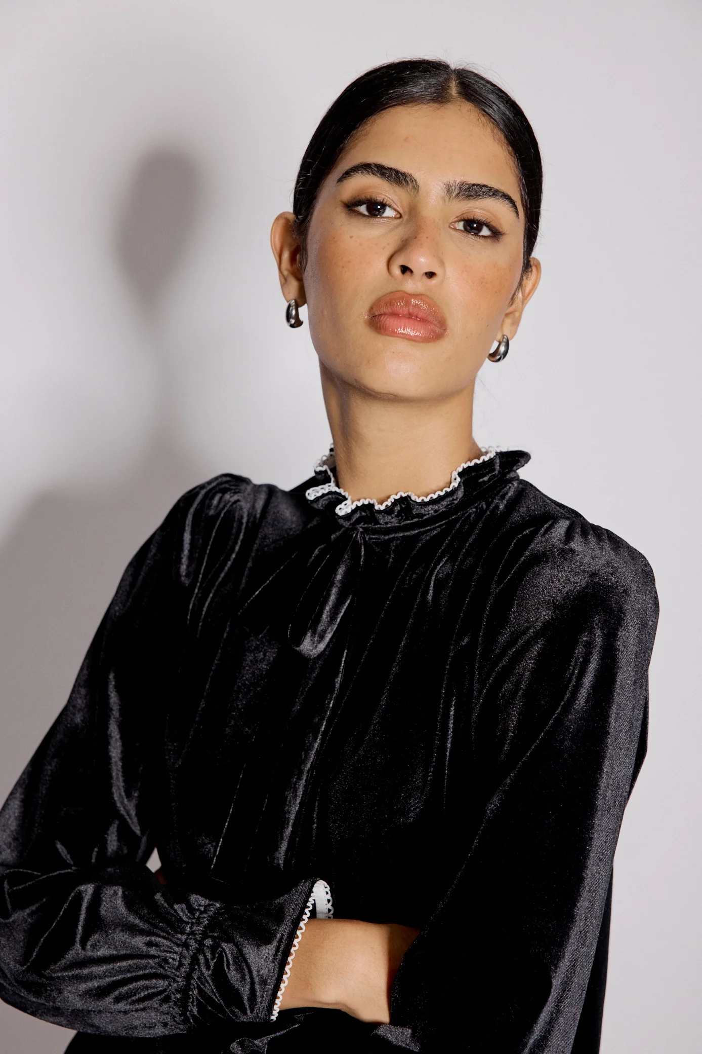 Black Velvet Frill Trim Blouse - Image 2