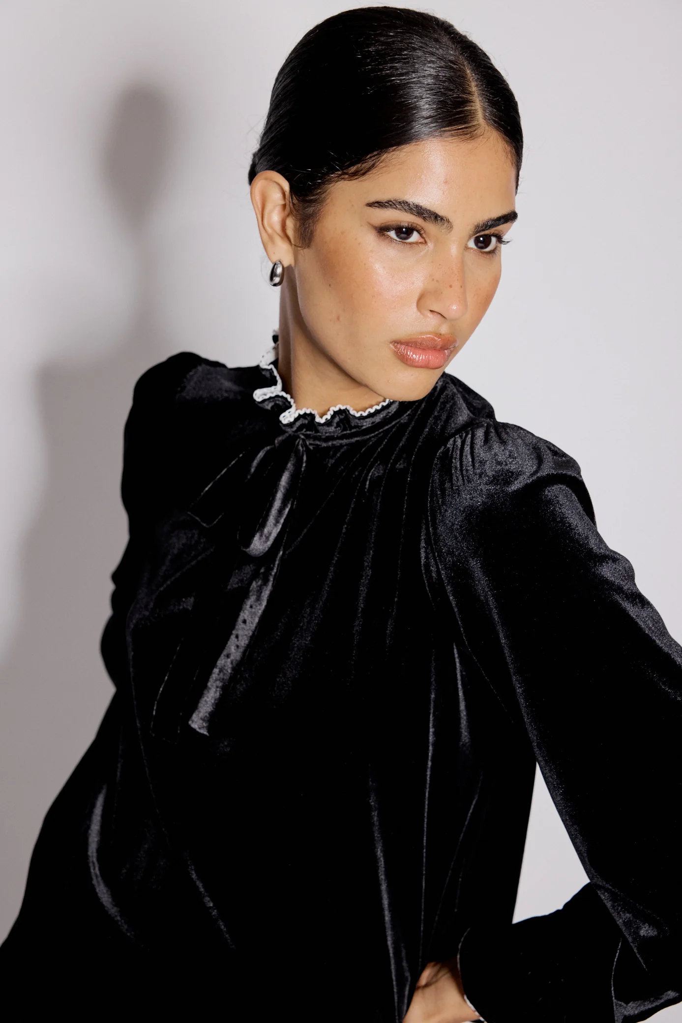 Black Velvet Frill Trim Blouse - Image 4