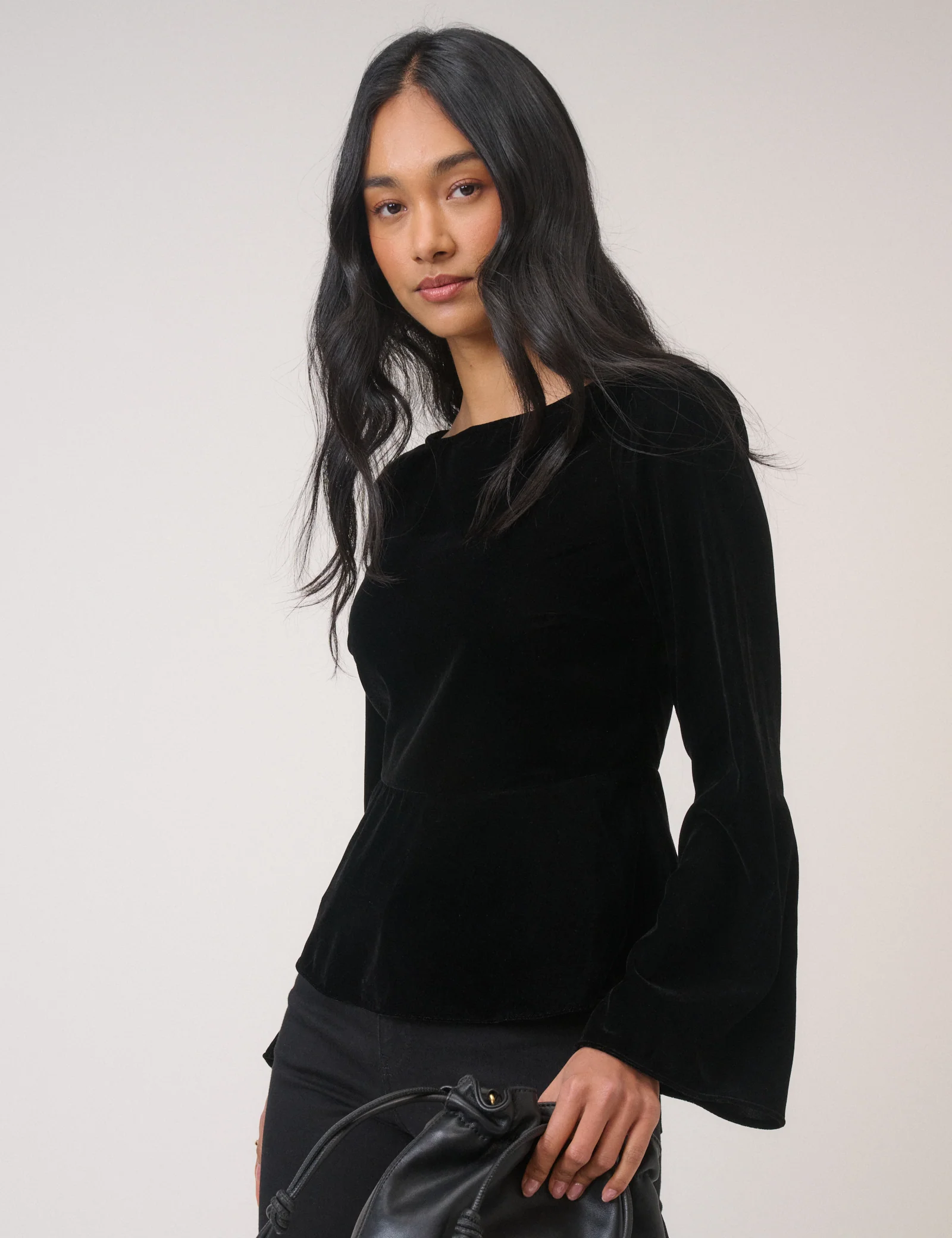 Black Velvet Long Sleeve Peplum Top - Image 2