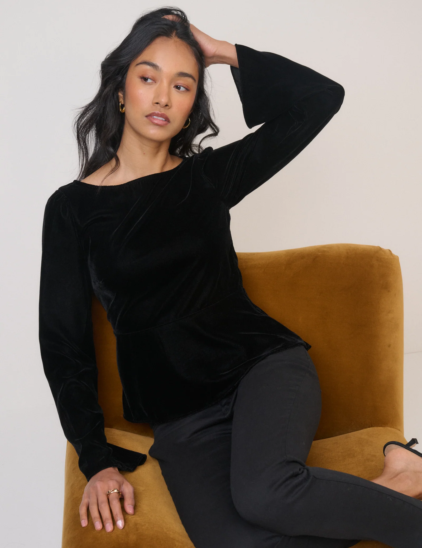 Black Velvet Long Sleeve Peplum Top - Image 4