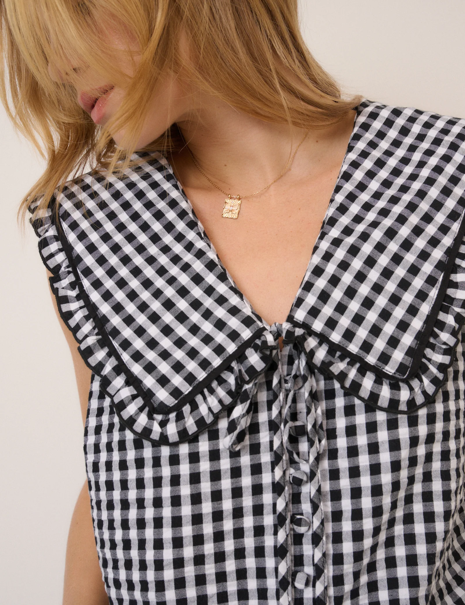 Black Gingham Ruffle Collar Button Through Top - Image 2