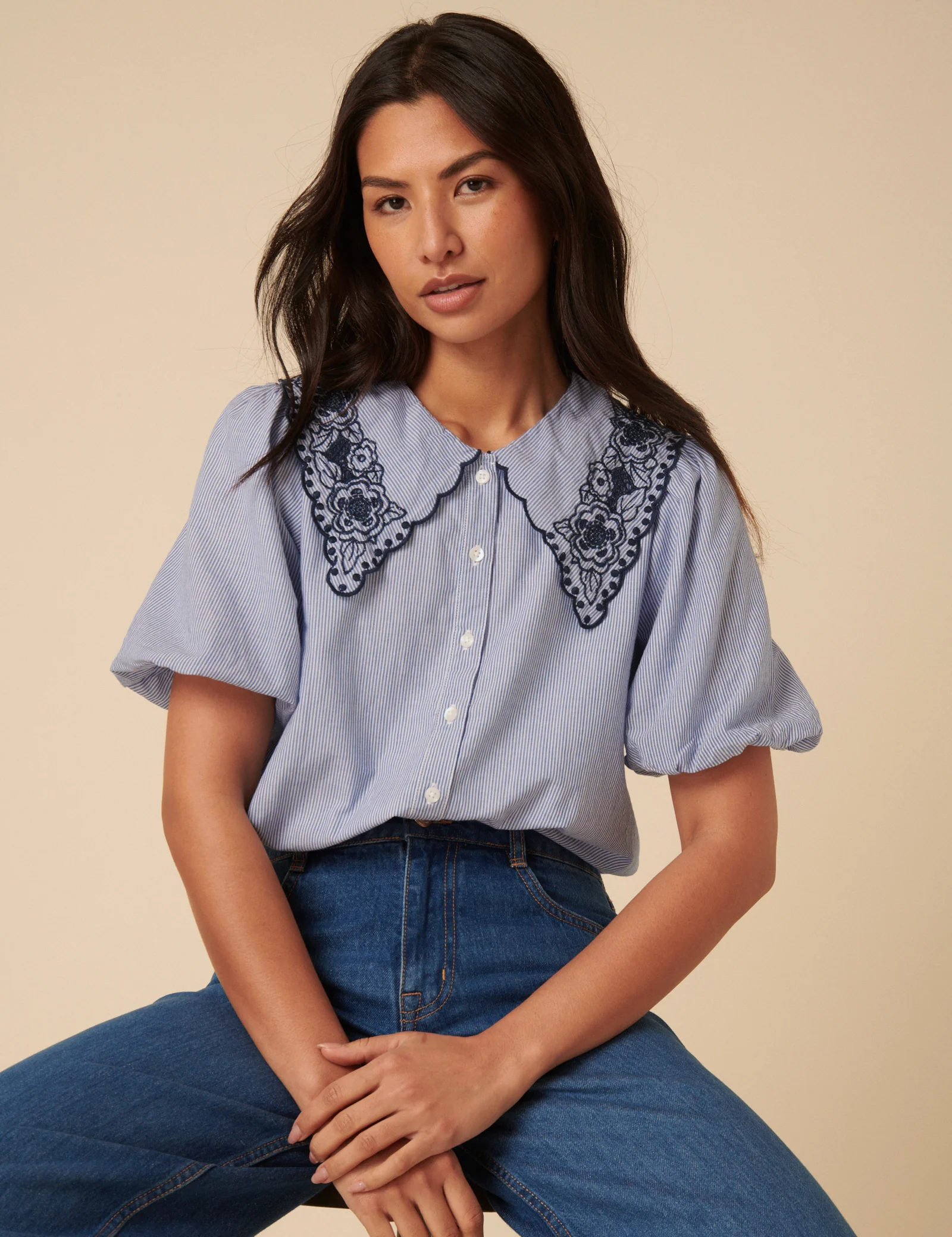 Blue Embroidered Collared Striped Blouse - Image 2
