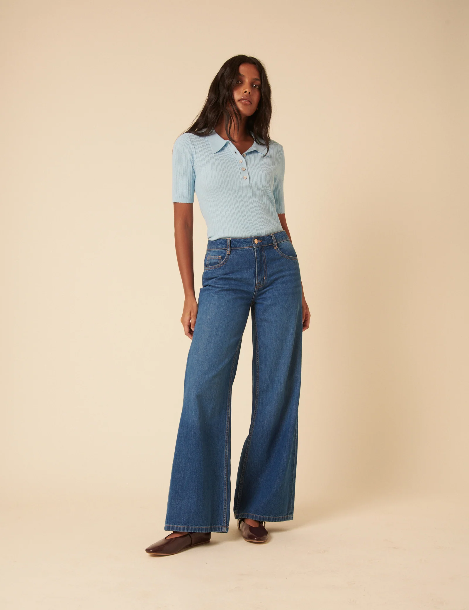Blue Ribbed Polo Knitted Top - Image 2
