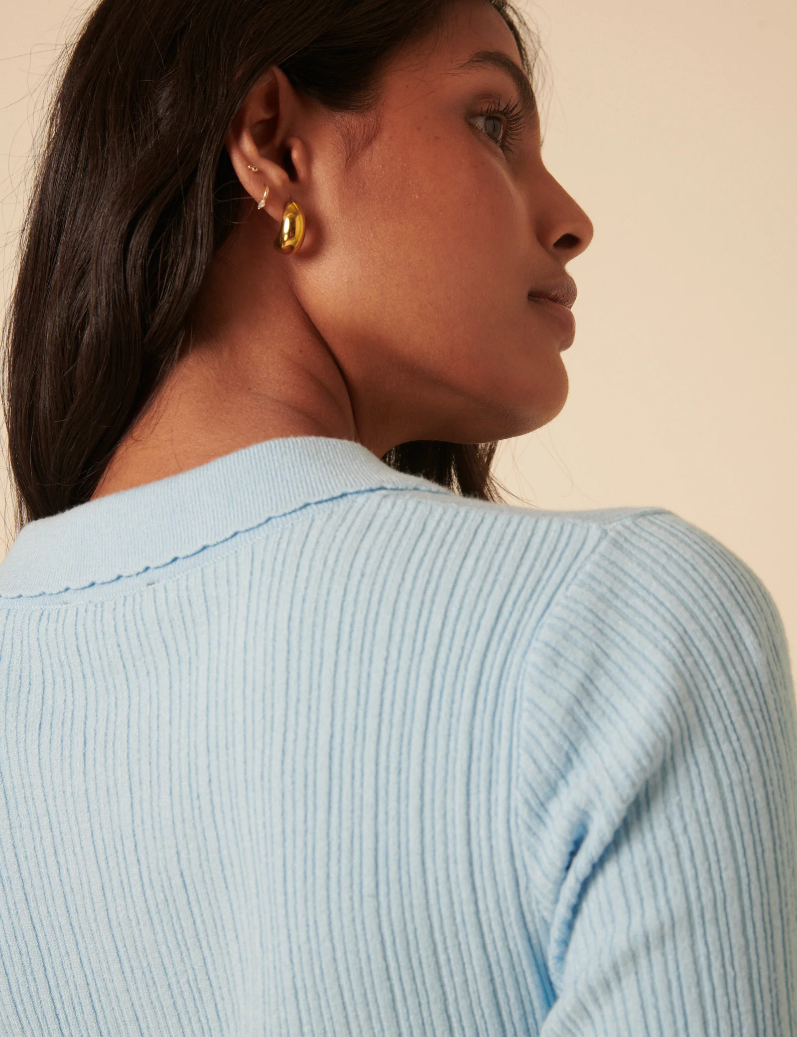 Blue Ribbed Polo Knitted Top - Image 4