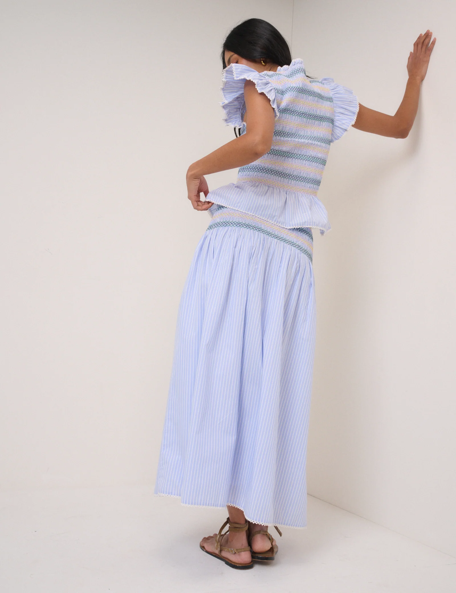 Blue Striped Shirred Top & Skirt Set - Image 3