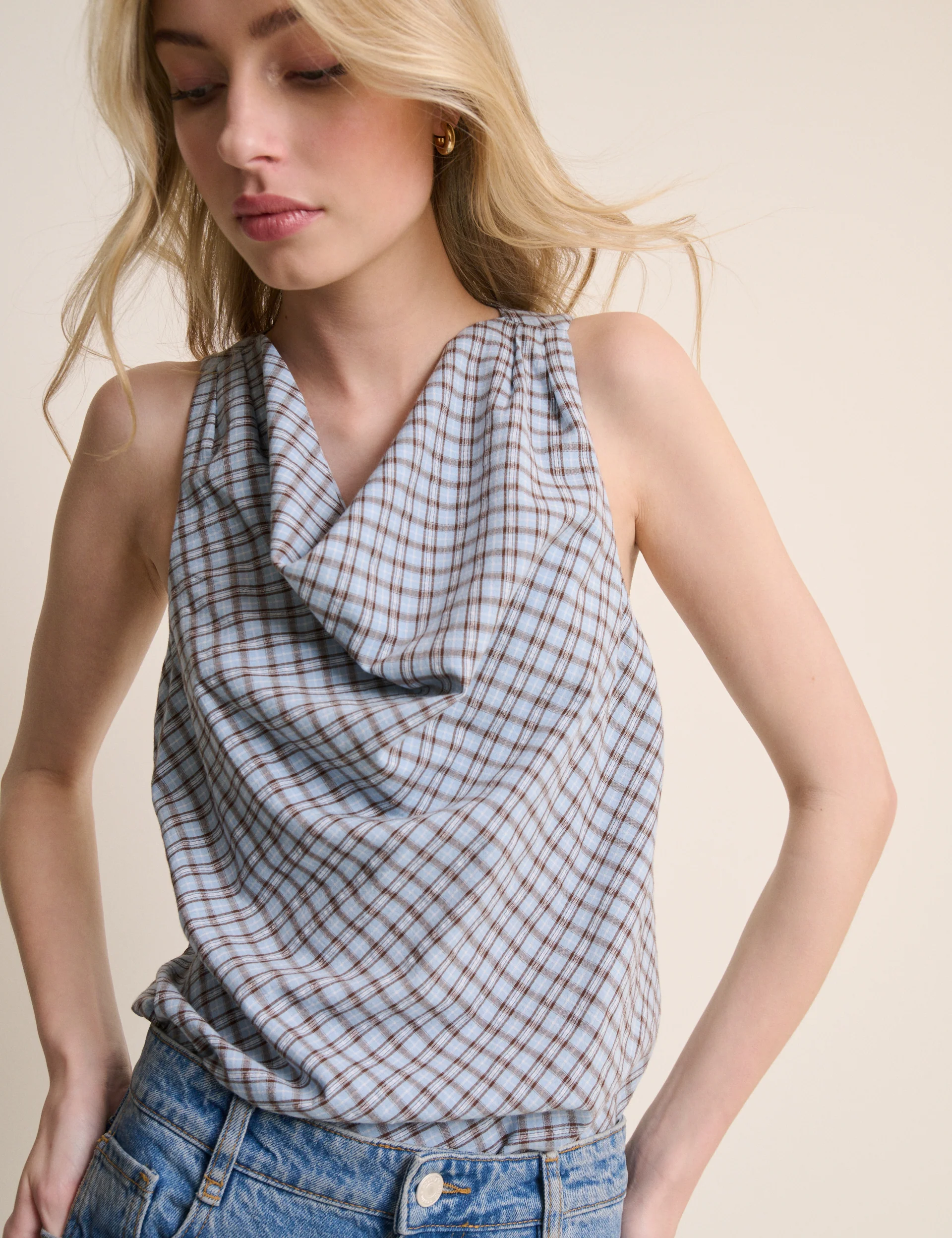 Blue Check Cowl Neck Sleeveless Top - Image 3