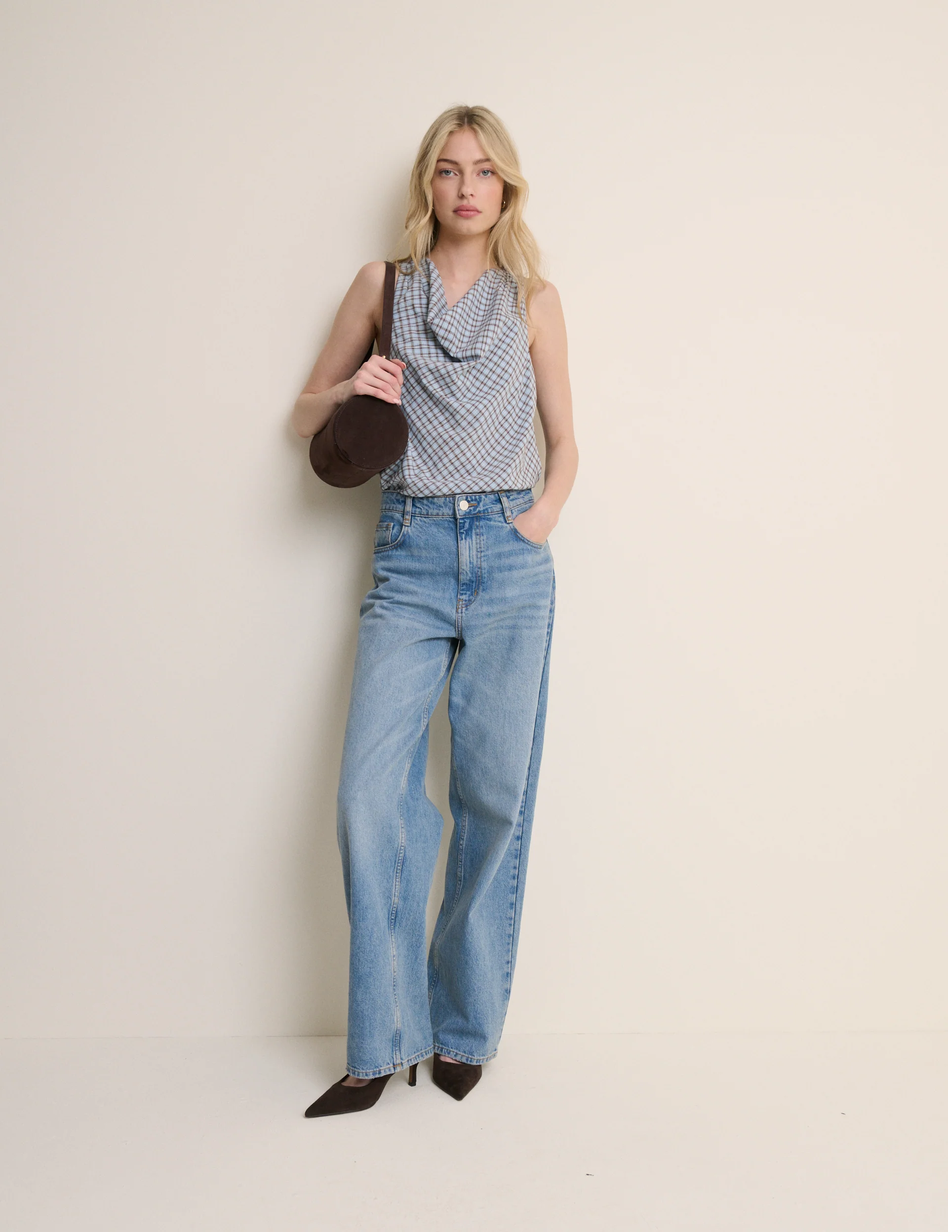 Blue Check Cowl Neck Sleeveless Top - Image 4