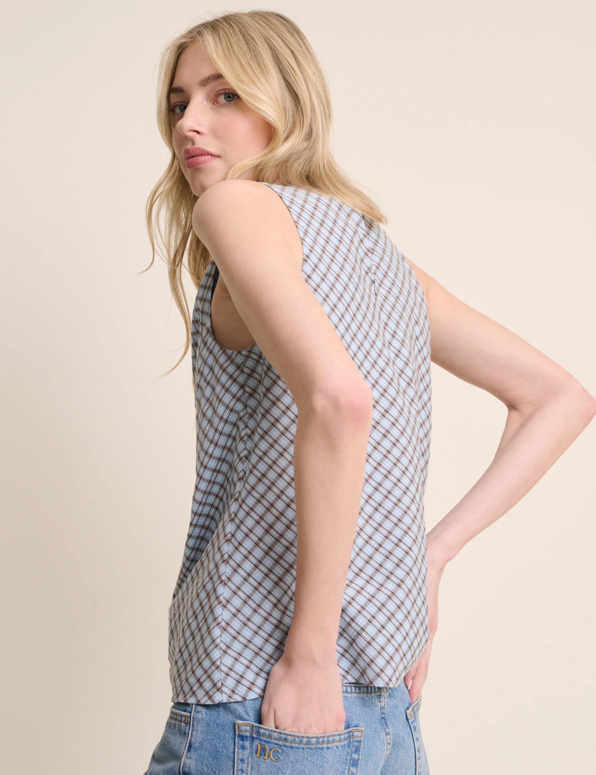 Blue Check Cowl Neck Sleeveless Top - Image 5