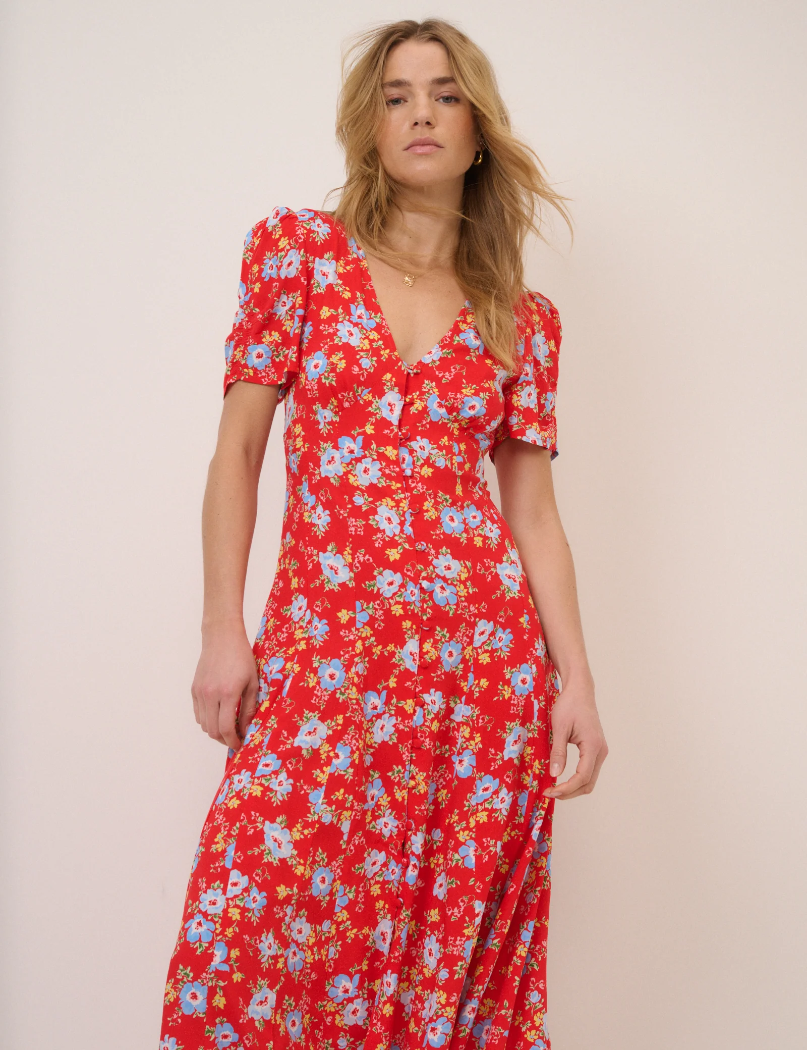 Red Floral Bonnie Midi Dress - Image 3