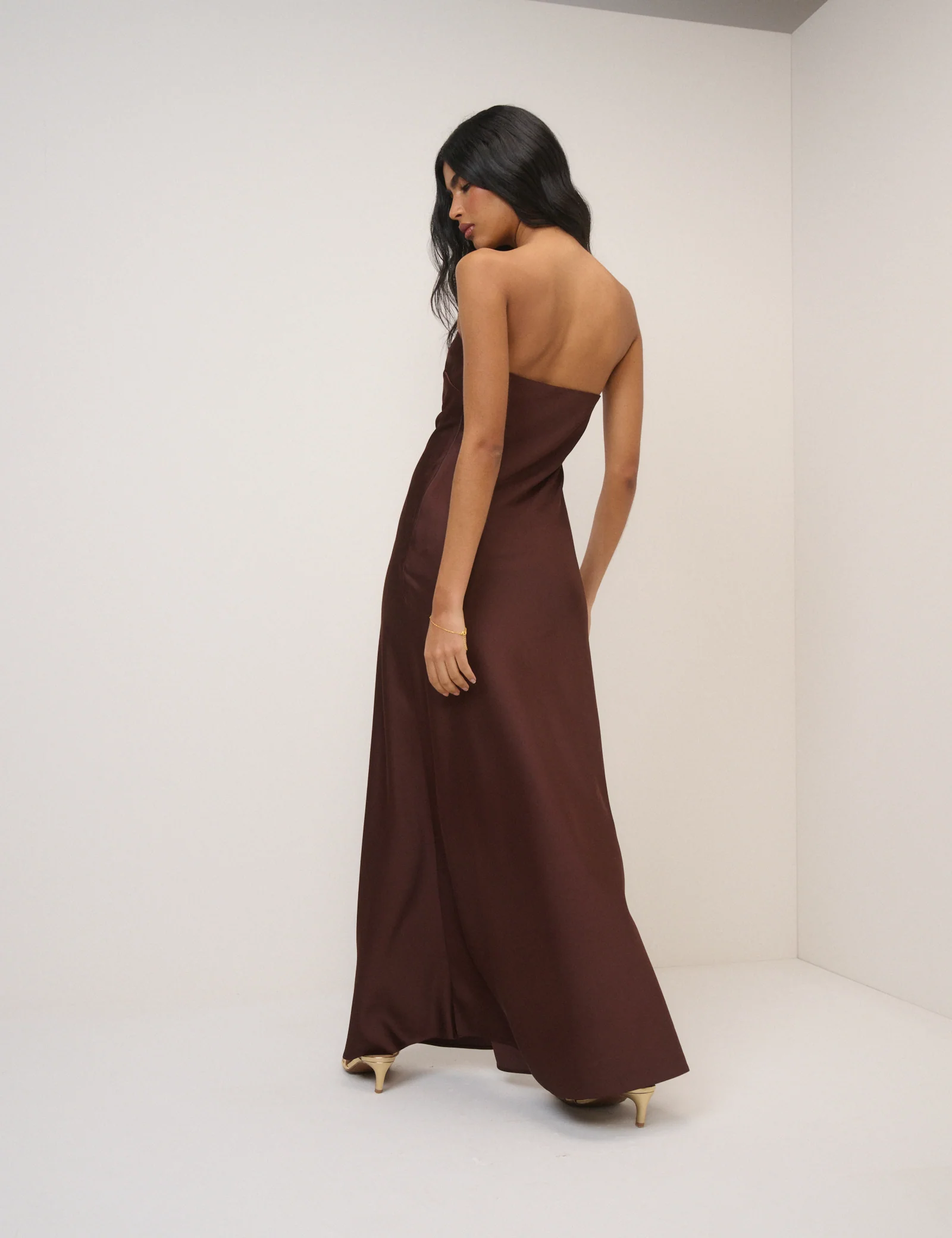 Chocolate Brown Satin Bandeau Arden Maxi Dress - Image 5