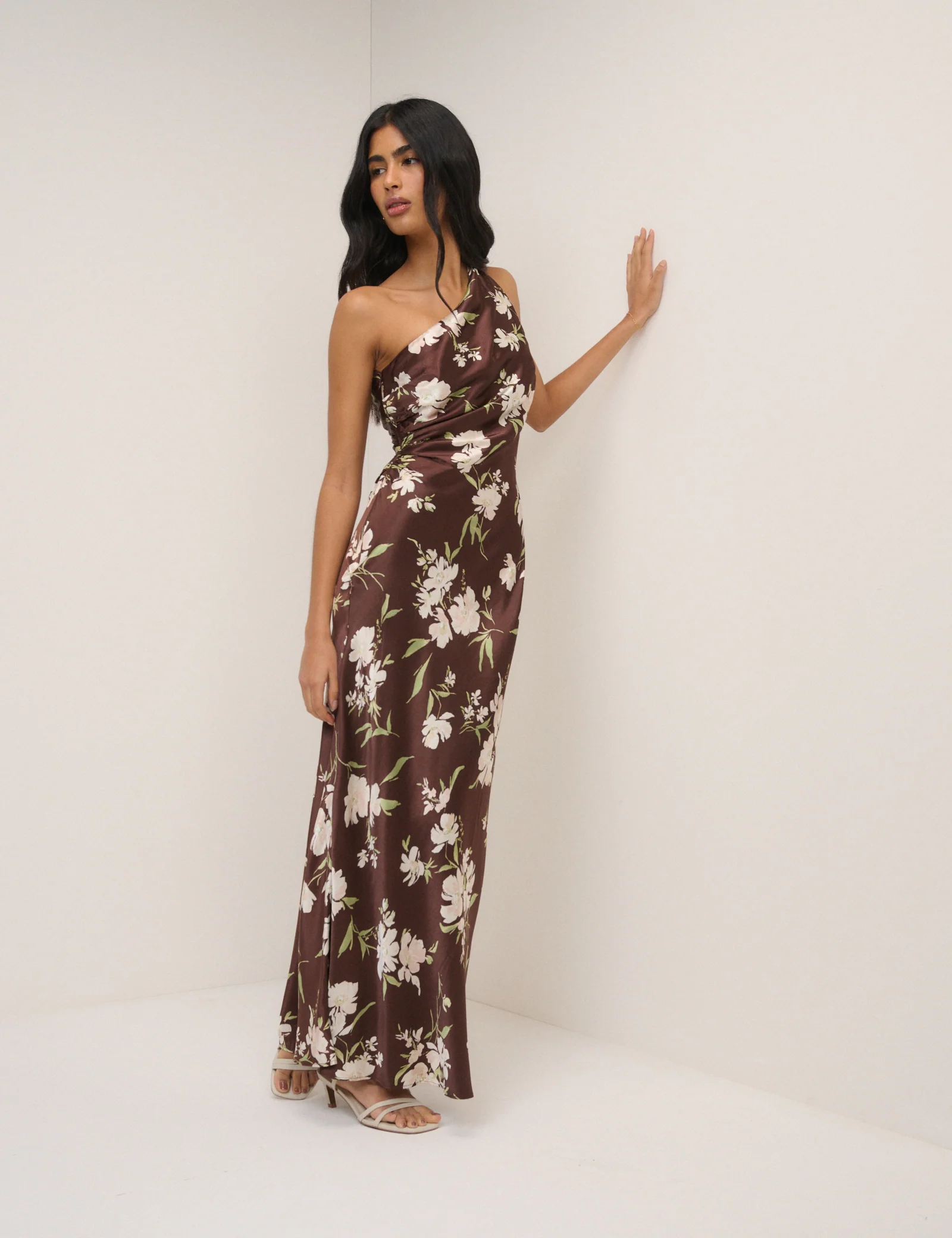 Chocolate Brown Floral One Shoulder Sloane Maxi Dress - Image 3