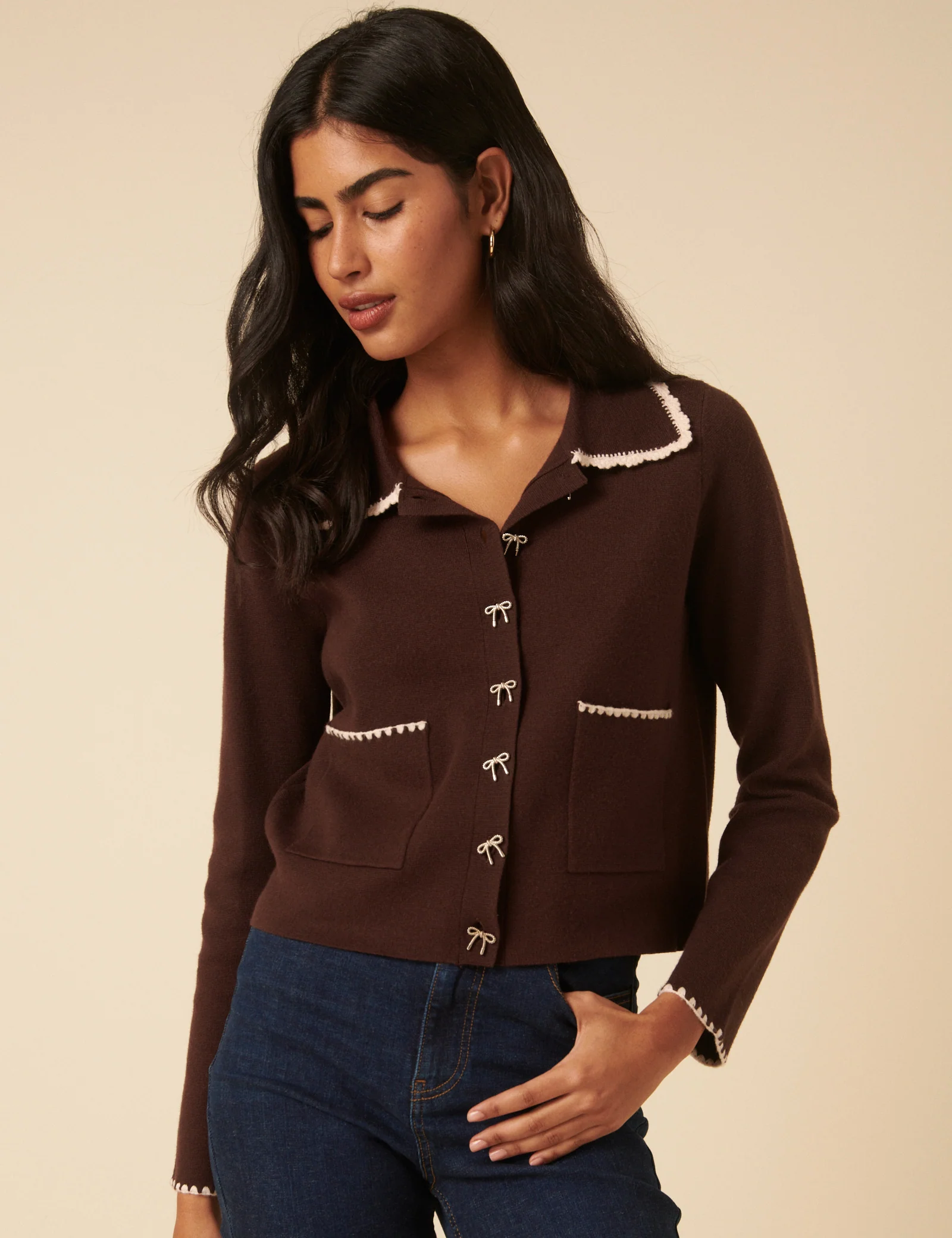 Brown Crochet Collar Bow Button Cardigan