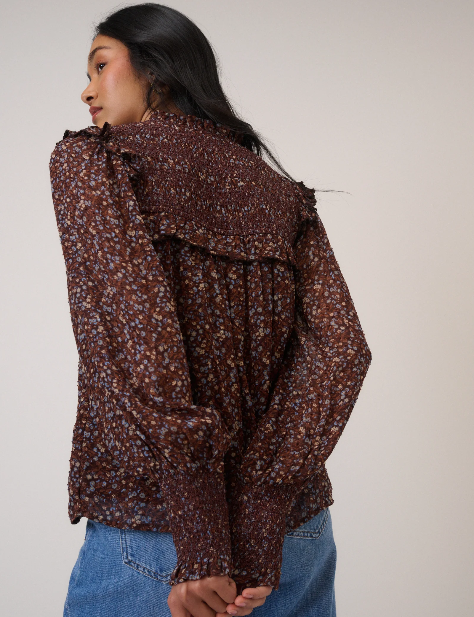 Brown Ditsy Floral Balloon Sleeve Blouse - Image 5