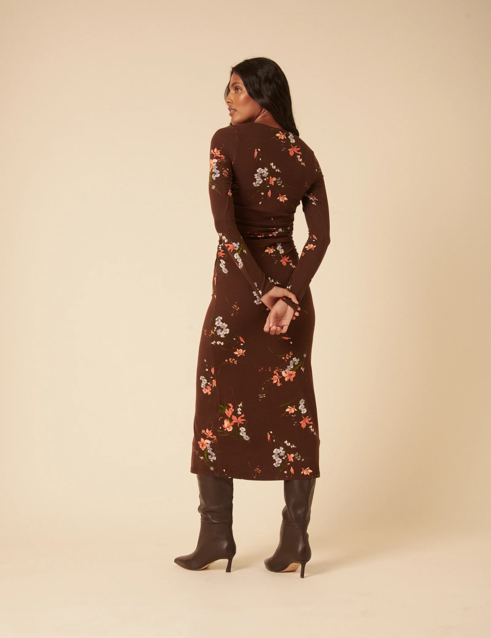 Brown Floral Jersey Draped Laurella Midi Dress - Image 4