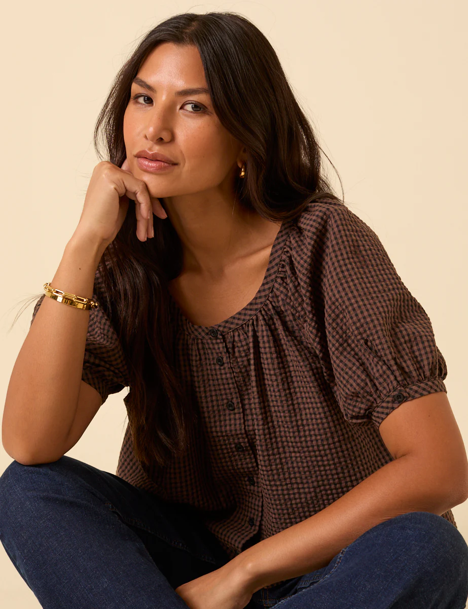 Brown Gingham Puff Sleeve Top - Image 2