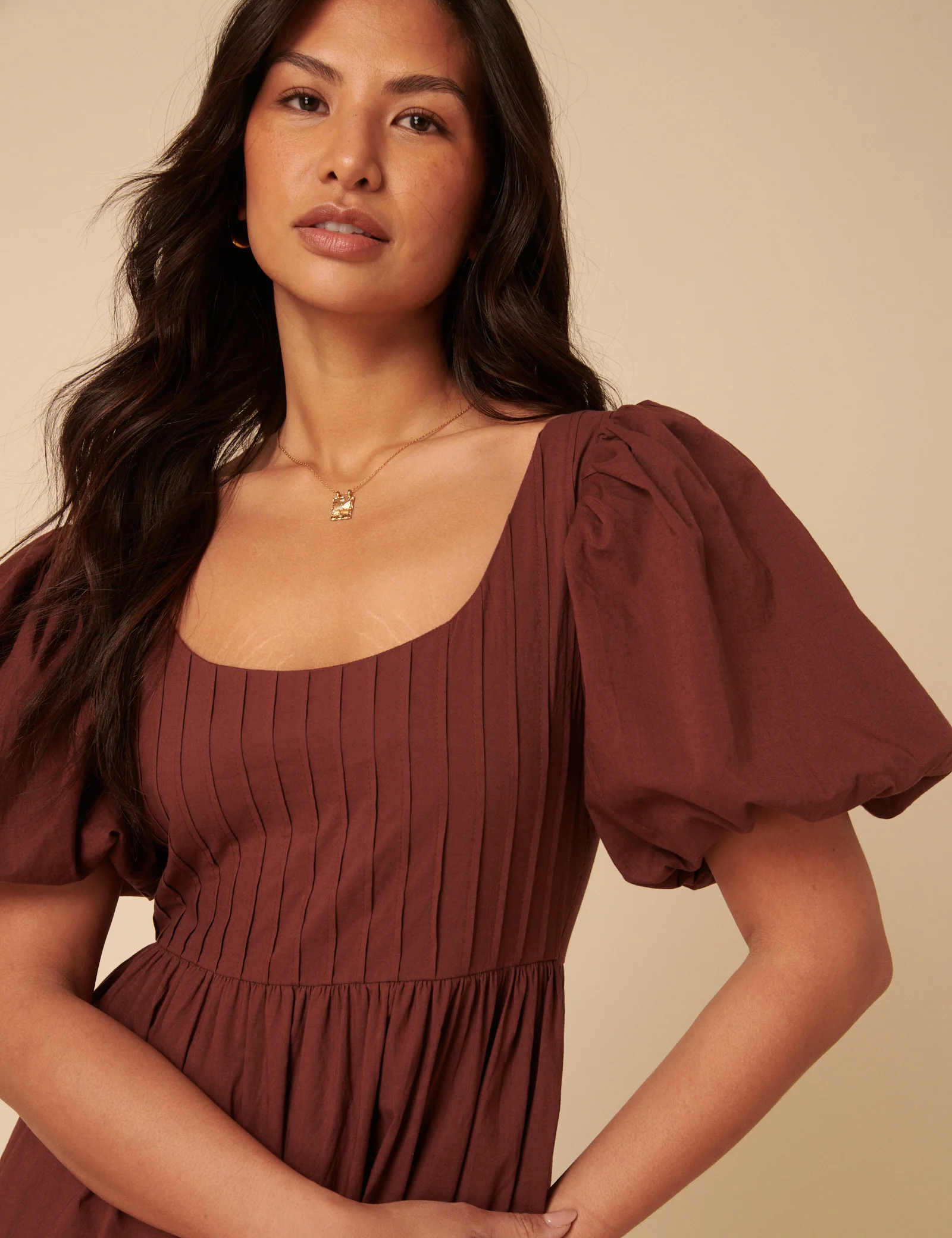 Brown Puff Sleeve Mimi Midi Dress - Image 4